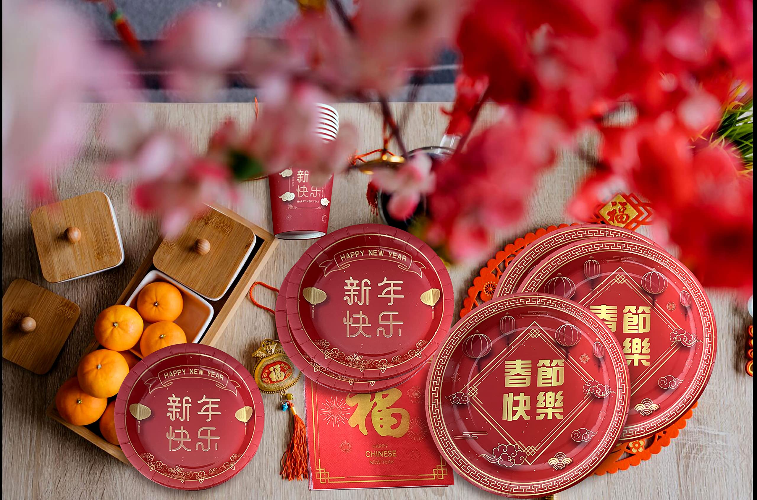 Chinesisches Neujahr Party-Set – 50-teilig Mit Lunch-Tellern, Desserttellern & Servietten Im Happy New Year Design