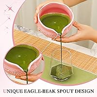 Vista 5 de Juego de matcha rosa, 8 piezas completo de cerámica matcha con cuenco, batidor y soporte de bambú, tamiz inoxidable, toalla de té, cuchara y cuchara