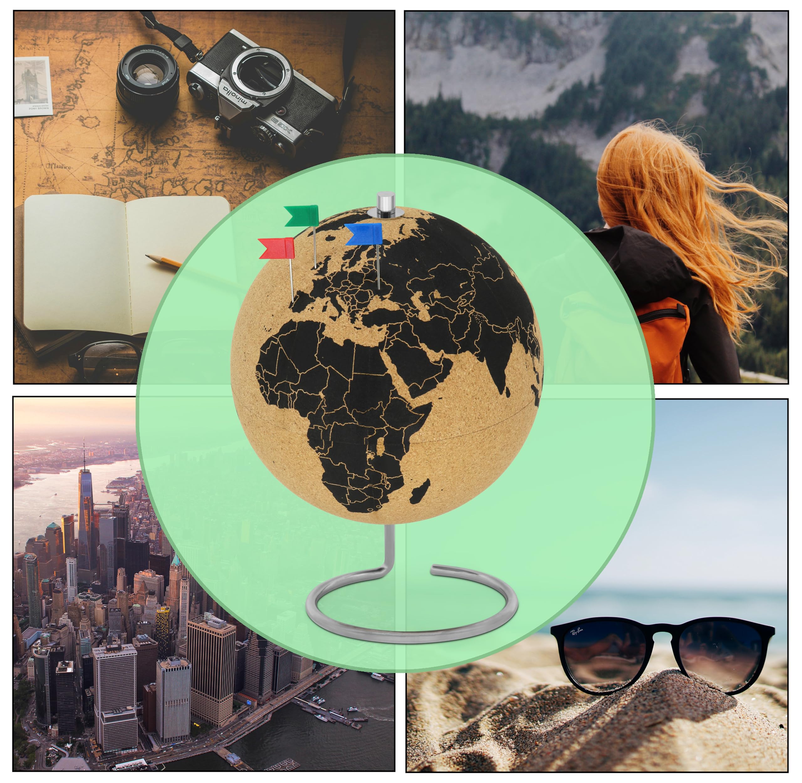 Drehbarer Korkglobus mit 104 Pins - Globus aus Kork 25cm hoch zum Pinnen - stilvolle Weltkugel mit Pinnadeln als Geschenkidee - Weltkarte Kork Globus - Cork Globe als Geschenk für Weltenbummler
