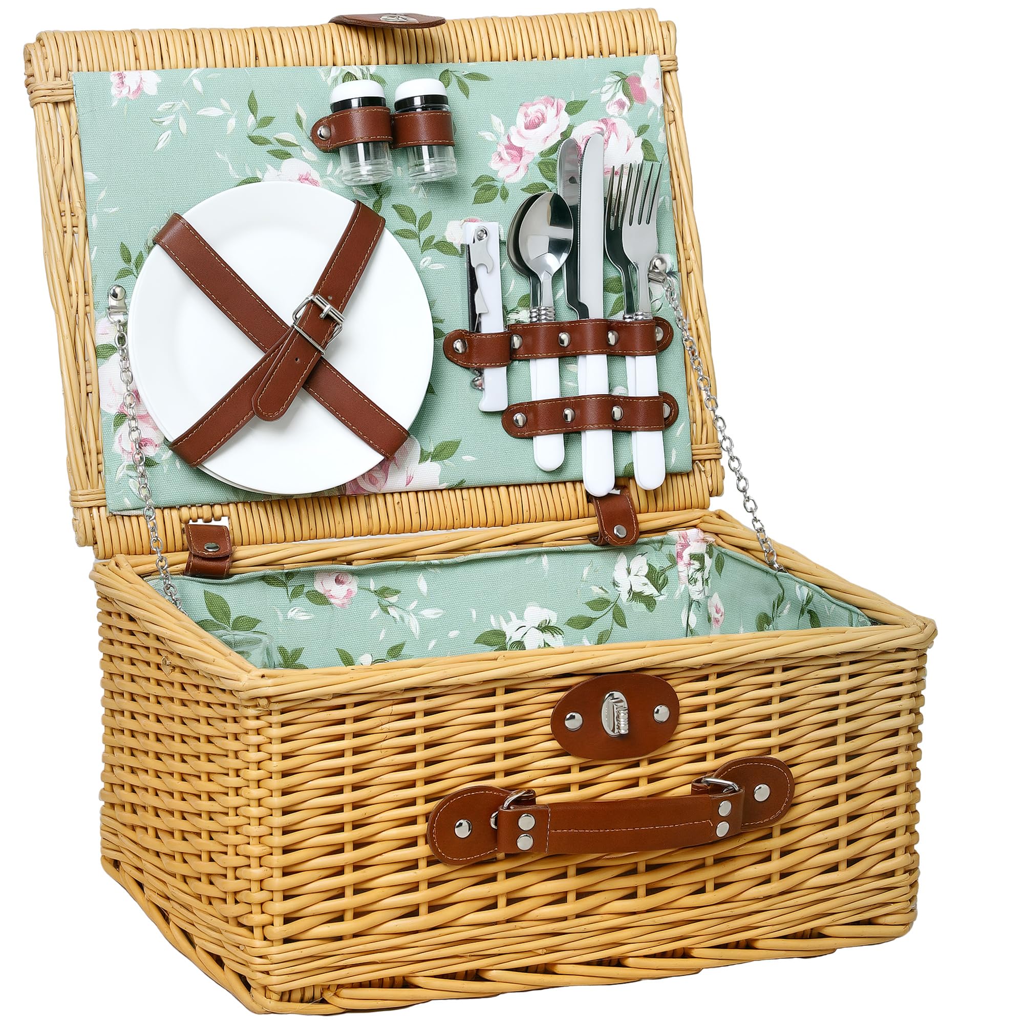 Outsunny Cestino da Picnic in Vimini per 2 Persone, Cesto Picnic con Manico, Piatti, Calici, Cavatappi, Tovaglioli e Posate, 40x30x20 cm, Marrone Chiaro