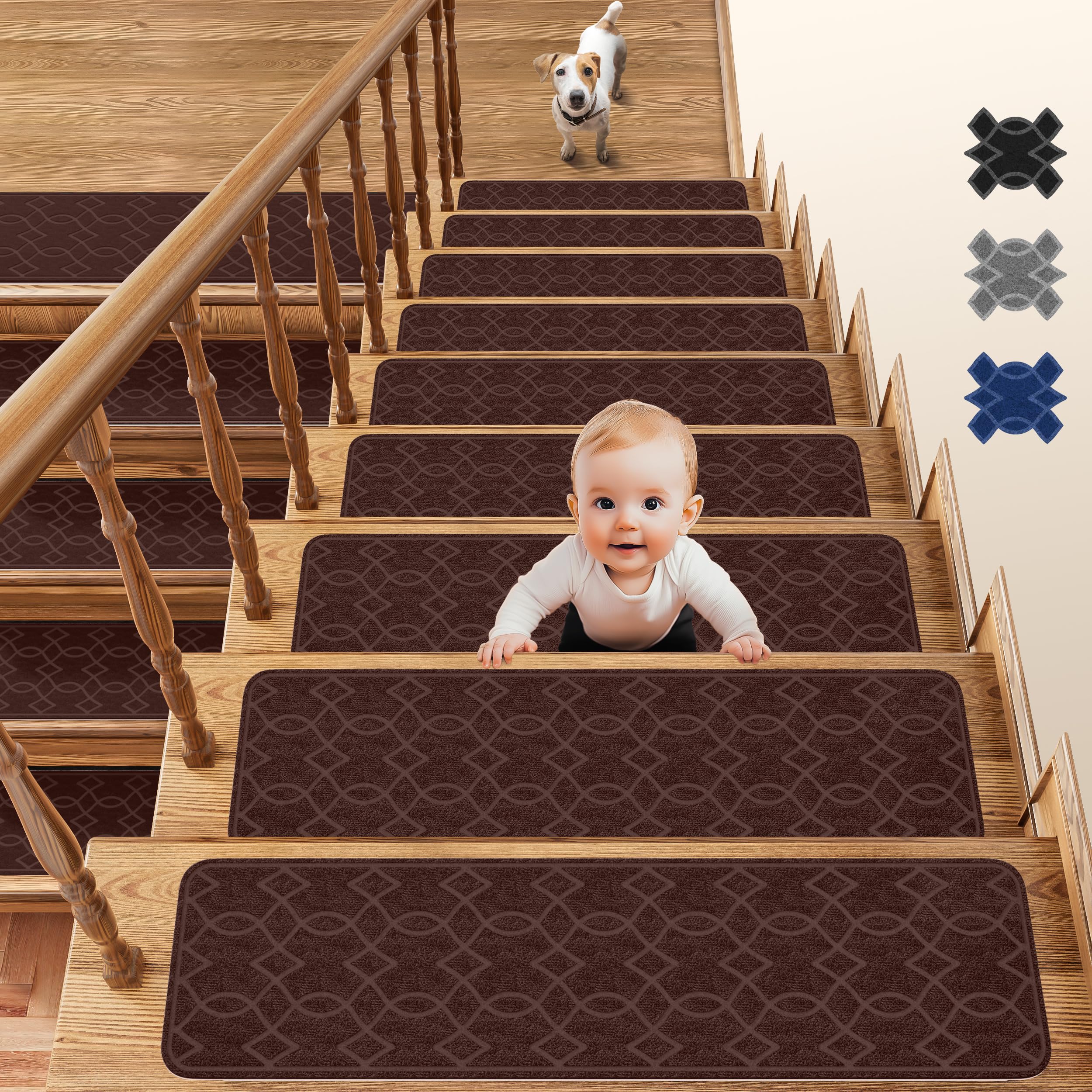 Lot de 15 tapis d'escalier antidérapants et simples pour marches d'escalier en bois - Marron - 20 x 76 cm