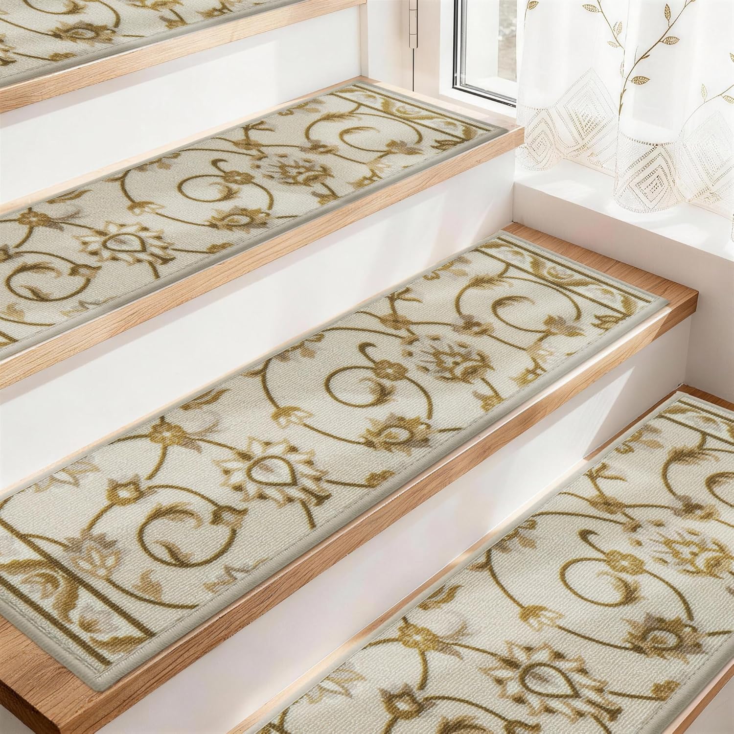 COSY HOMEER-Stair-Treads-for-Wooden-Steps Washable Indoor Stair Treads Non Slip 8" X 30" Soft Stair Carpet Treads Reusable Peel and Stick Stair Runner Rug for Kids, Elders and Pets 15pcs