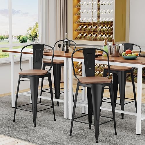 Miniatura 3 de Alunaune 24" Swivel Metal Bar Stools Set of 4 High Back Counter Height Barstools Industrial Dining Bar Chairs with Large Wooden Seat-Matte Black