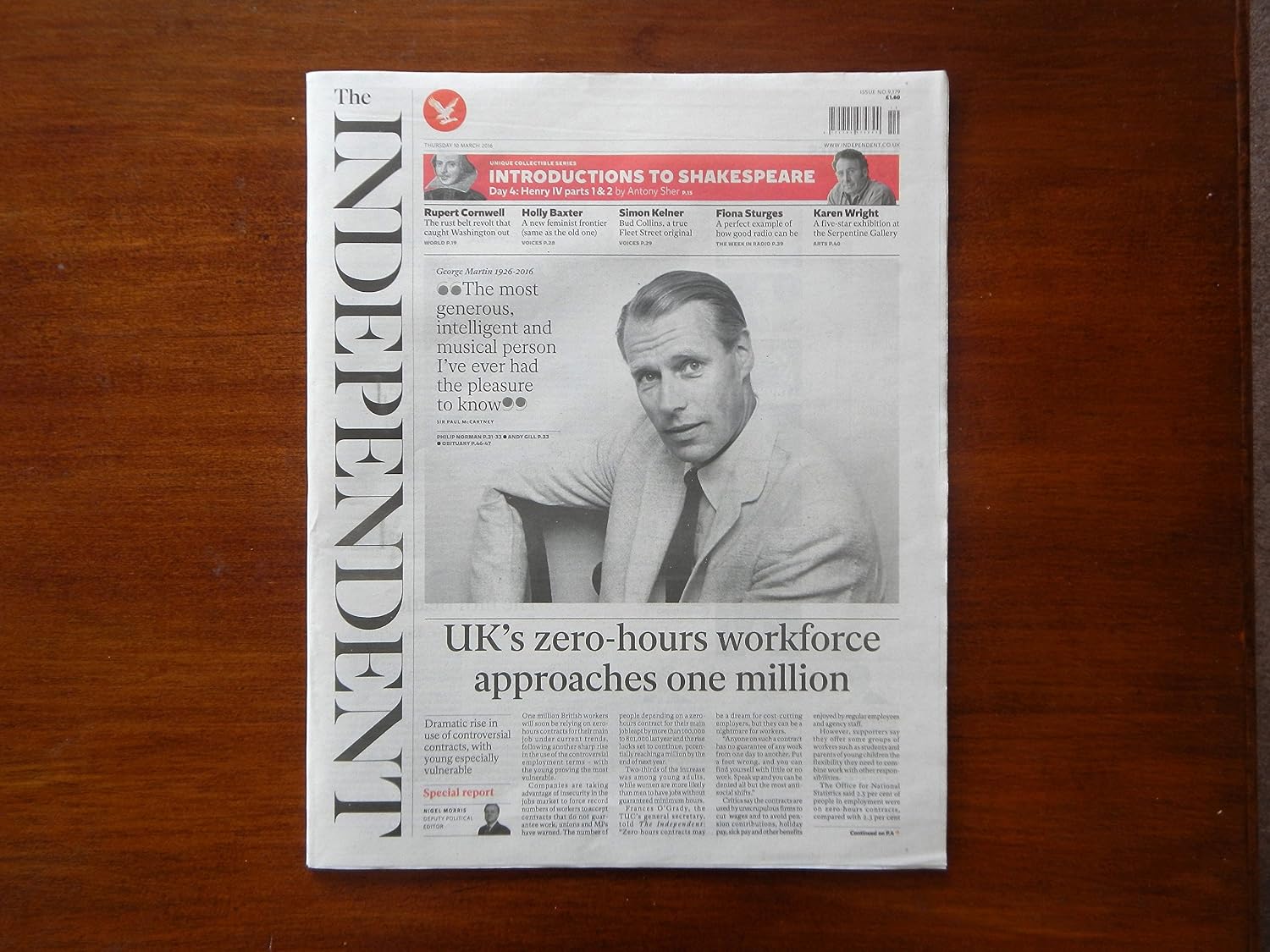U.K. The Independent Newspaper March 10th 2016 Sir George Martin - Death Of The Fifth Beatle Single Issue Magazine   1 Jan. 2016