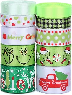 Red Green Ribbon 10 Rolls Total 50 Yards Christmas Craft Satin Ribbon Funny Cartoon Character Gift Wrapping Ribbon Decorative Ribbon for Xmas Tree Wreath Bows DIY Craft Decoration (Christmas)