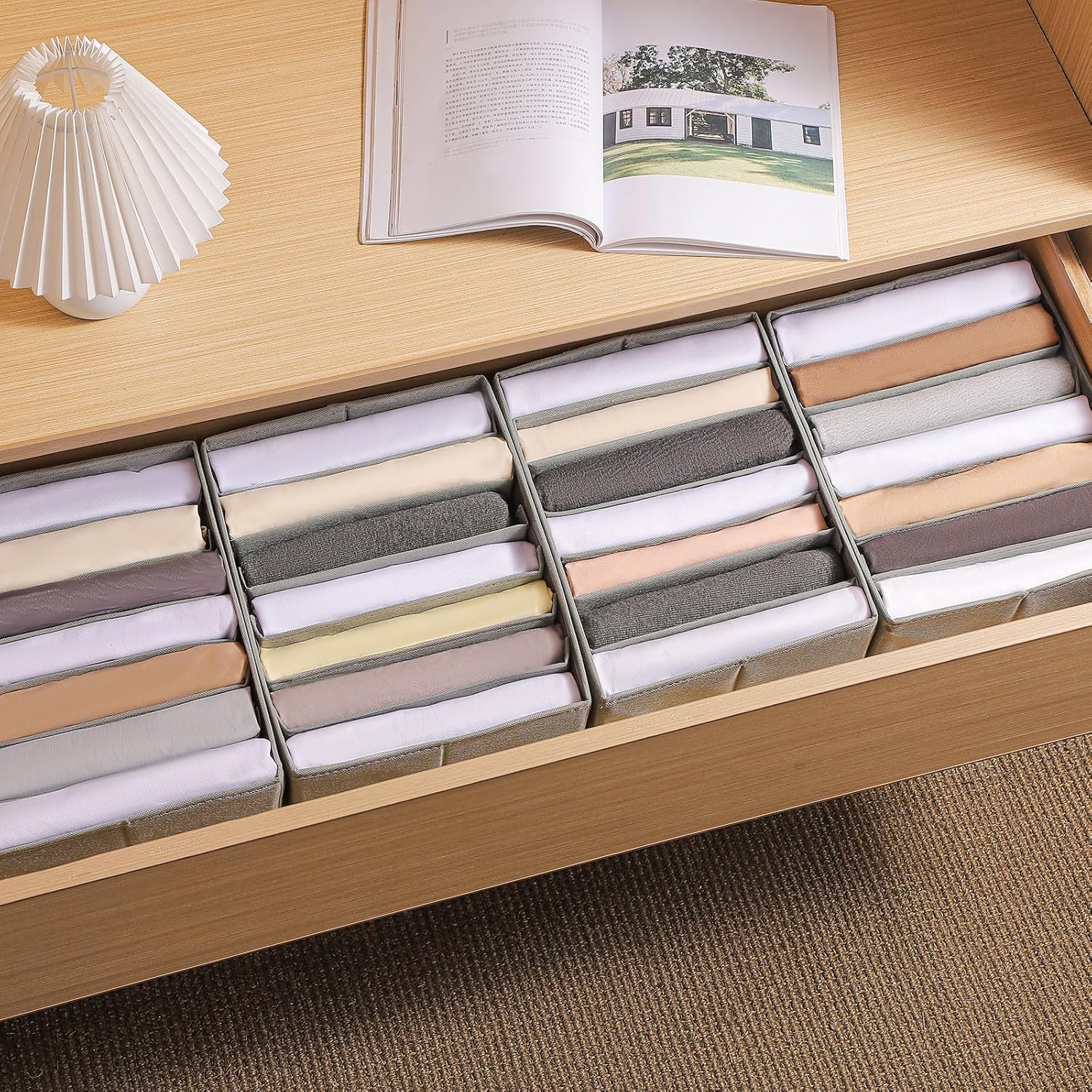 4 Packs Adjustable T-shirt Drawer Organizers for Clothing with 6 Adjustable Dividers, 7 Grids Wardrobe Storage Box, DIY Clothes Organizer for Folded Clothes, T-shirt, Legging