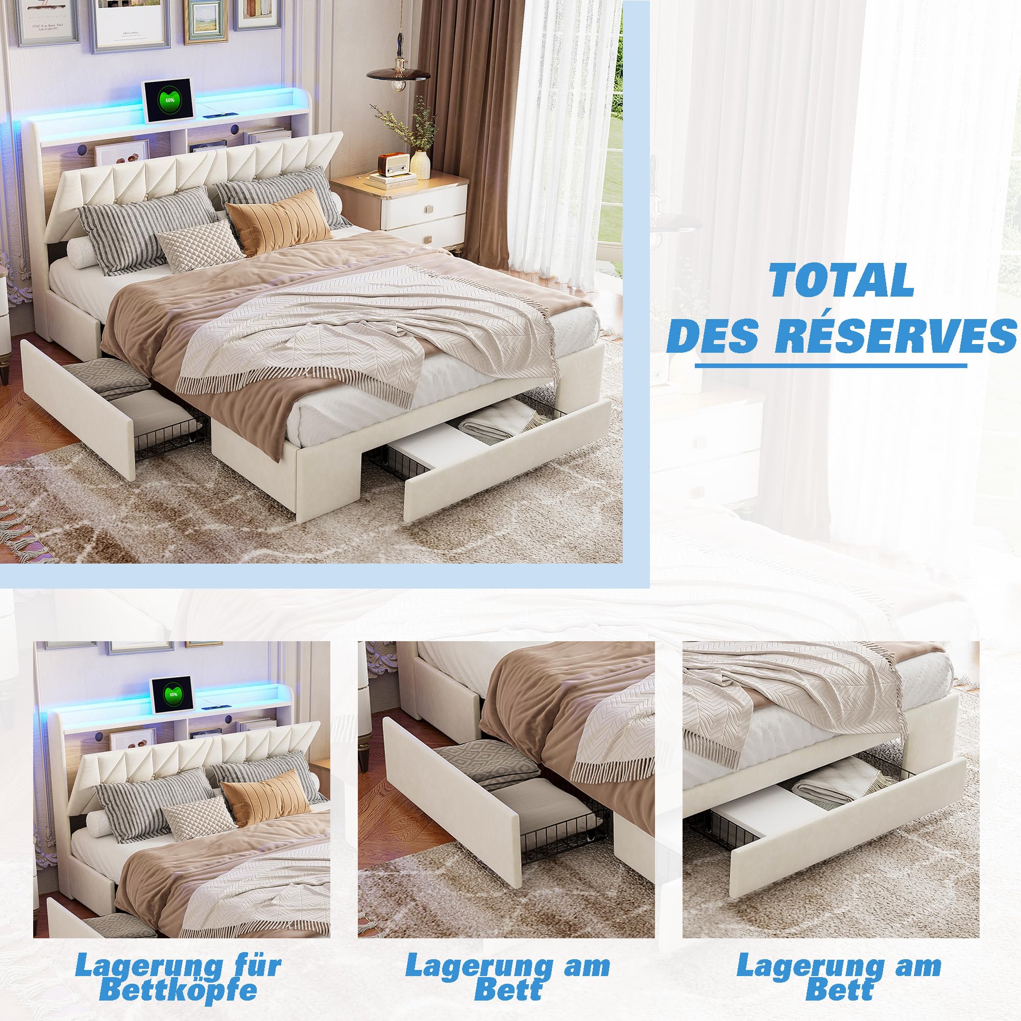 Letto imbottito con 3 cassetti, testiera, letto matrimoniale, 160 x 200 cm, letto matrimoniale funzionale con vano portaoggetti, letto imbottito con rete a doghe (beige + velours-A, 160 x 200