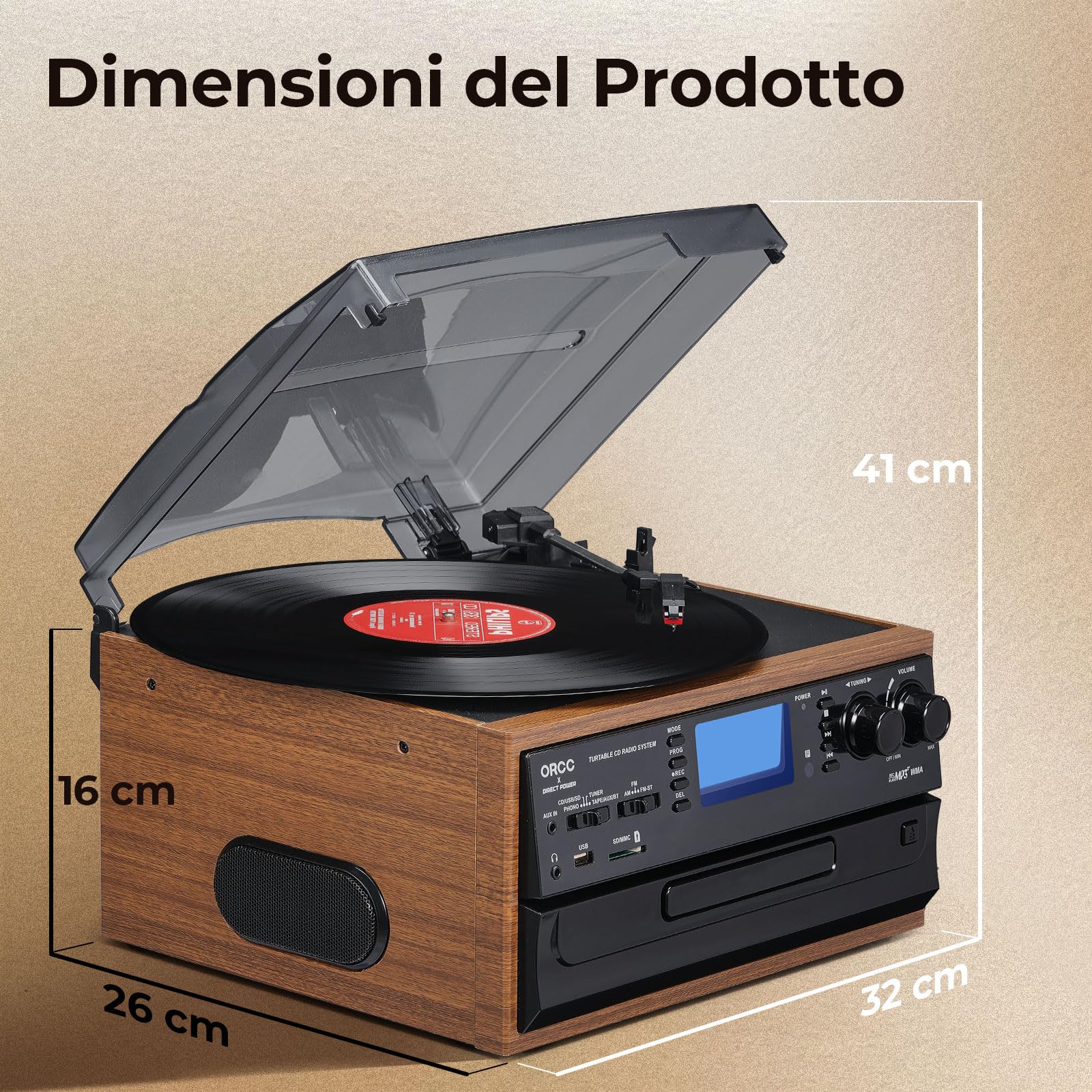 ORCC Giradischi Bluetooth 10 in 1 per dischi in vinile con altoparlante, convertitore di codifica da AUX a MP3 USB/SD, lettore CD, radio, connettore per cuffie, RCA, telecomando