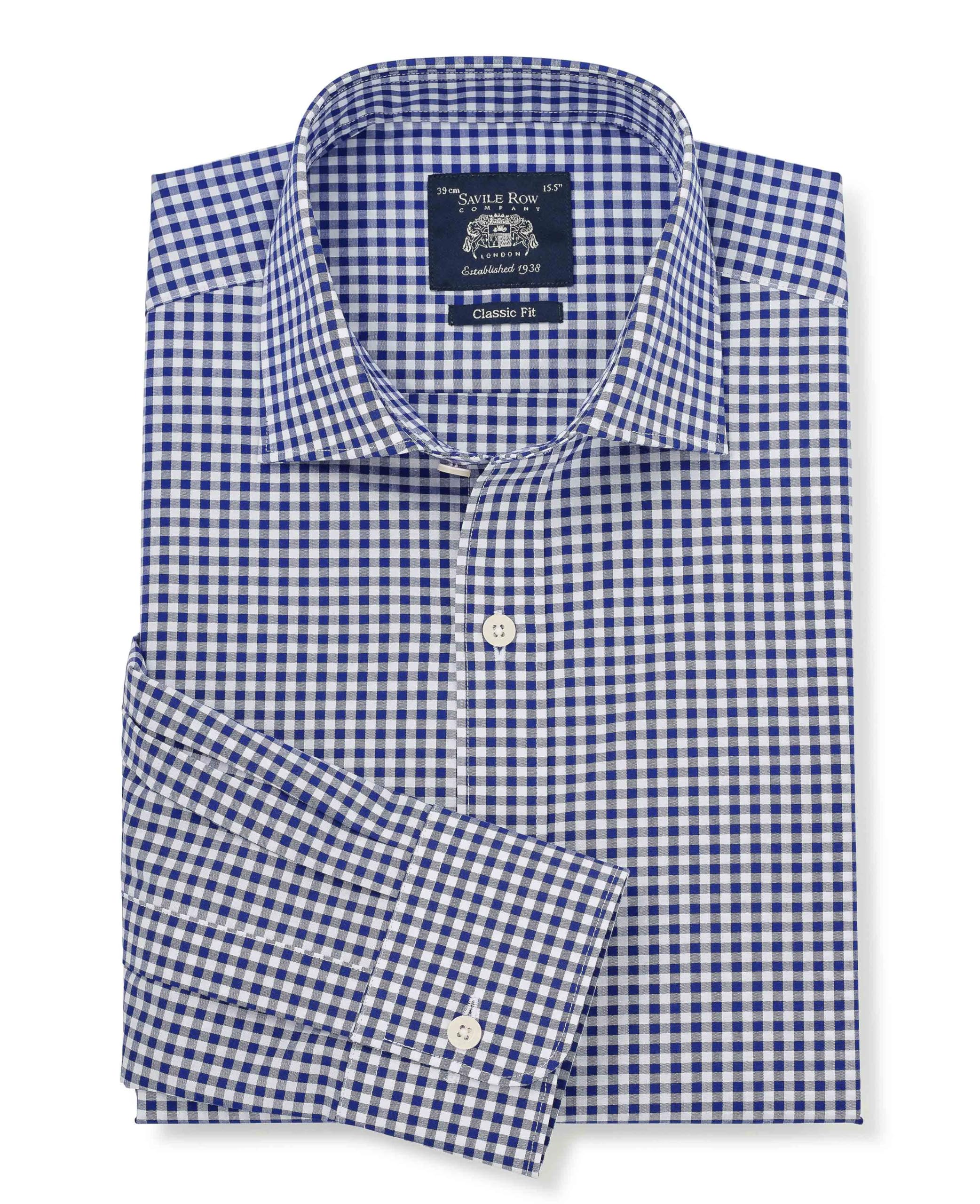 The Savile Row Company London Men's Navy/White Gingham Check Classic Fit Cotton Poplin Single Cuff Formal Shirt - 16.5" Collar