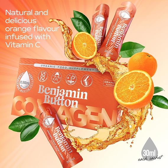 14x Marine Collagen Liquid Sachets - 10,000mg Hydrolysed Type 1 with Vitamin C | Skin, Hair, Nails | Orange Flavor | 2-Week Supply | Higher Absorption vs. Powder/Tablets - Benjamin Button®