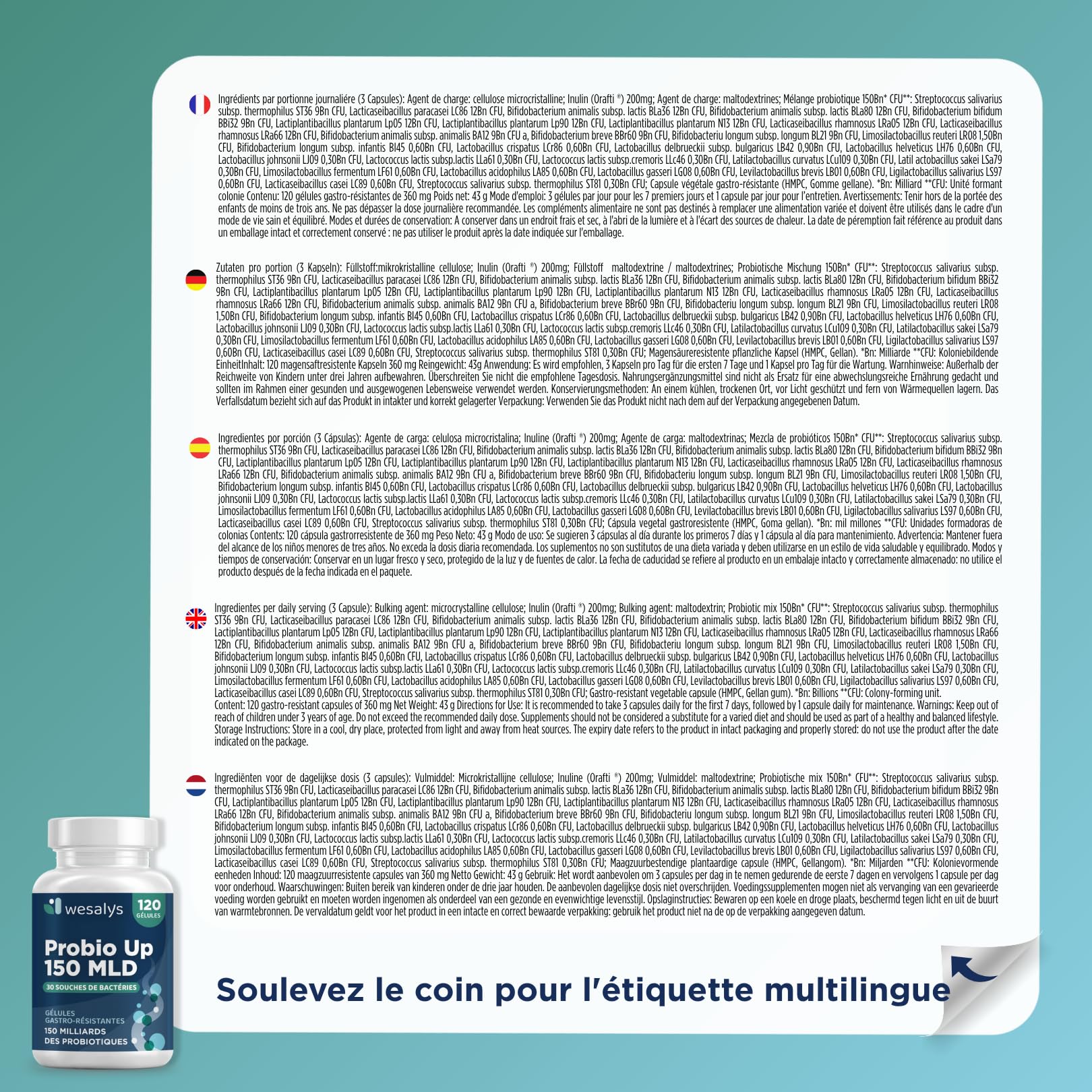 Probiotique flore intestinale - 150 Milliards UFC/Jour - 30 souches bactériennes, 120 Gélules Gastro-résistantes. Probiotiques et prebiotique, lactobacillus gasseri, Bifidobactéries, Inuline. Probio U
