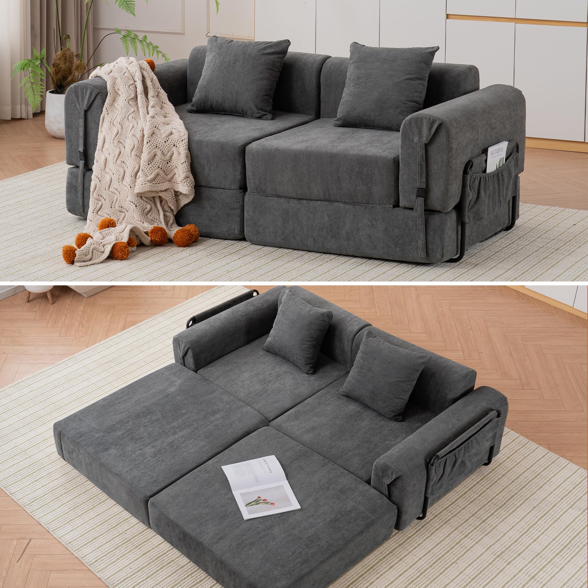 71.25" W Floor Foldable Couch Bed, 2 in 1 Convertible Loveseat Sofa Sleeper, Comfy Fleece Boneless Cloud Sectional Couch for Living Room Apartment Office Bedroom Small Spaces