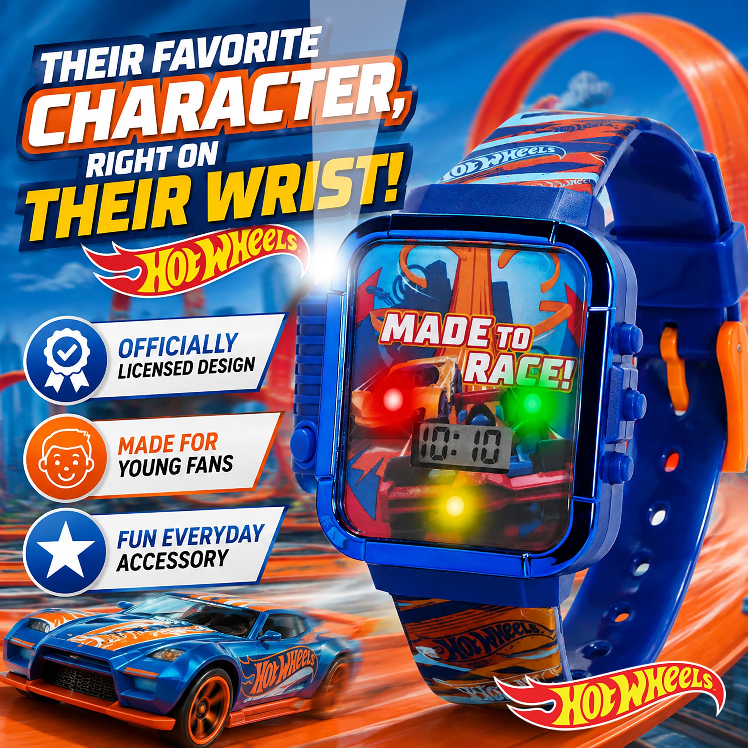 Hot Wheels Montre numérique pour Enfants avec lumière LED, Lampe de Poche | Écran LED lumineux, sangle de personnage imprimée, design résistant à l'eau et ajustement réglable pour poignets de 14 à 21,6