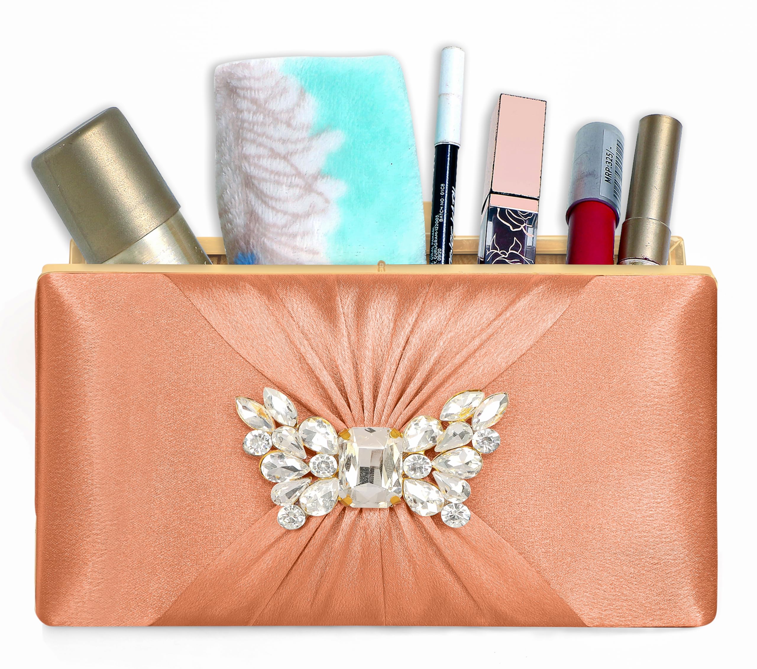 MISHA Sophisticated Satin Clutch with Straight Diamond and Removable Chain Strap (Peach) 3