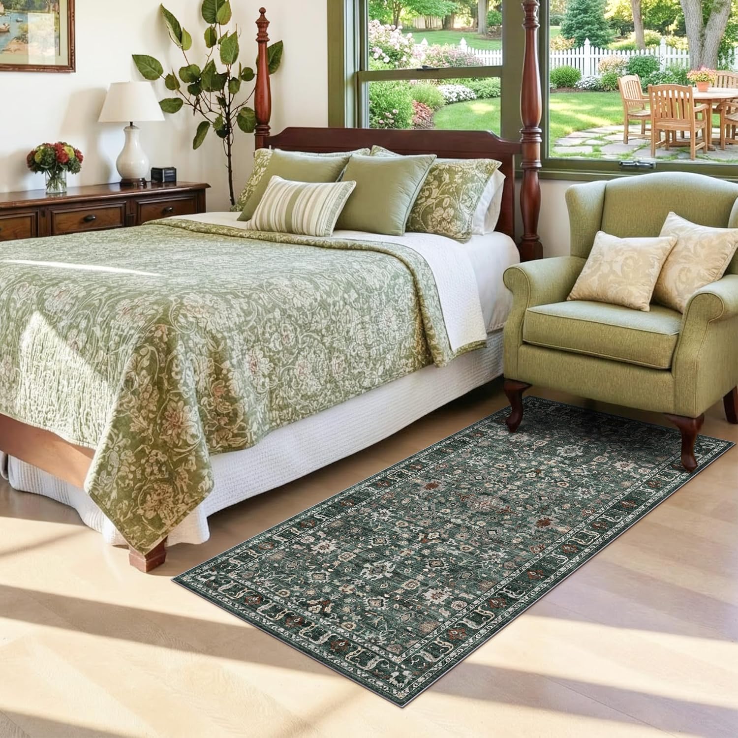 TOPRUUG Entryway 2x4 Runner Rug: Washable Runners for Kitchen - Non-Slip Ultra-Thin Door Mat Indoor Entrance - Stain Resistant Small Throw Carpet for Bathroom (Dark Green Multi, 2X4)