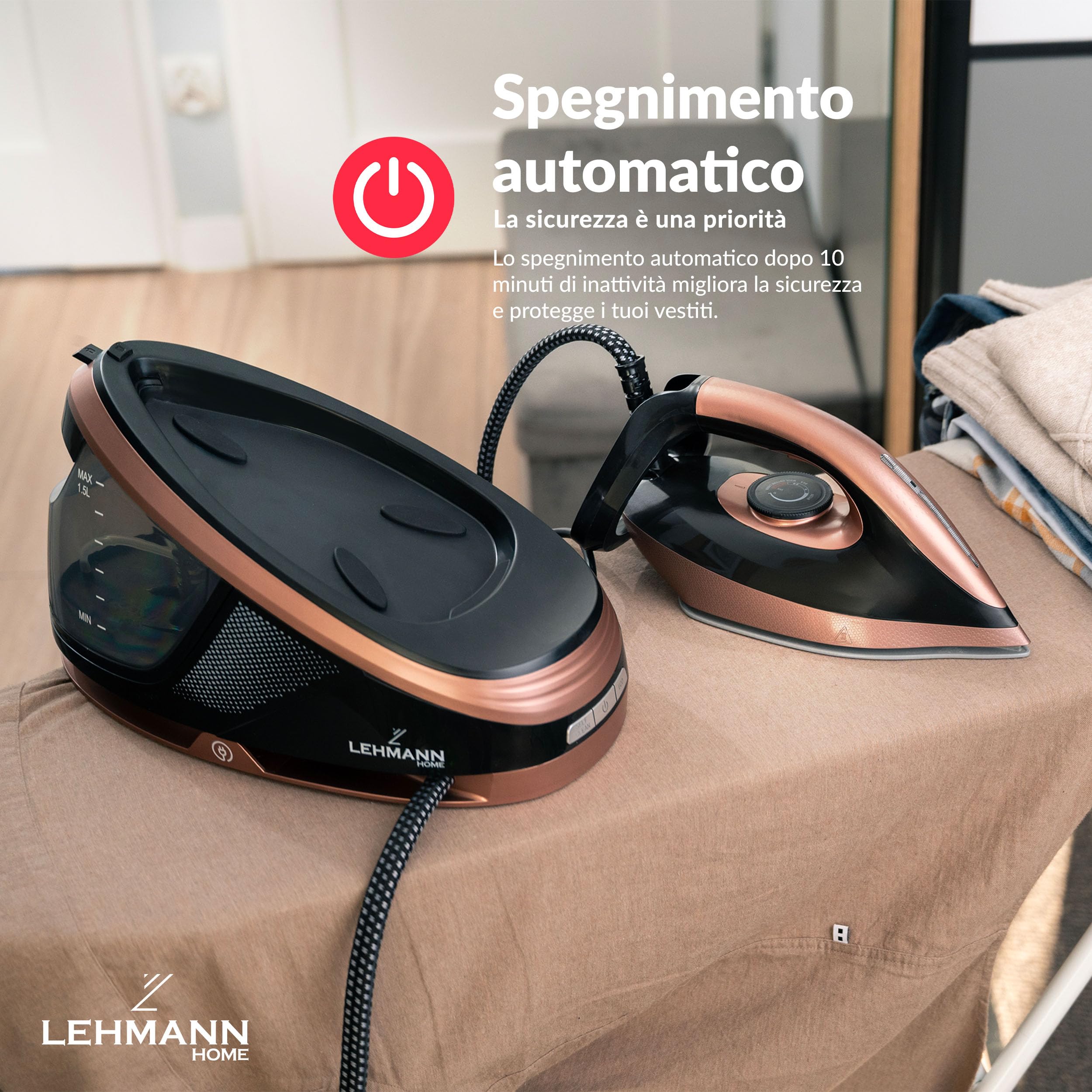 LEHMANN Ferro da Stiro a Vapore con Caldaia, Pressione Pompa 8 Bar e Potenza 2400 W, Serbatoio 1,5 L, Funzione ECO, Vapore Verticale, Piastra in Ceramica, Spegnimento Automatico, Nero e Rosa Oro