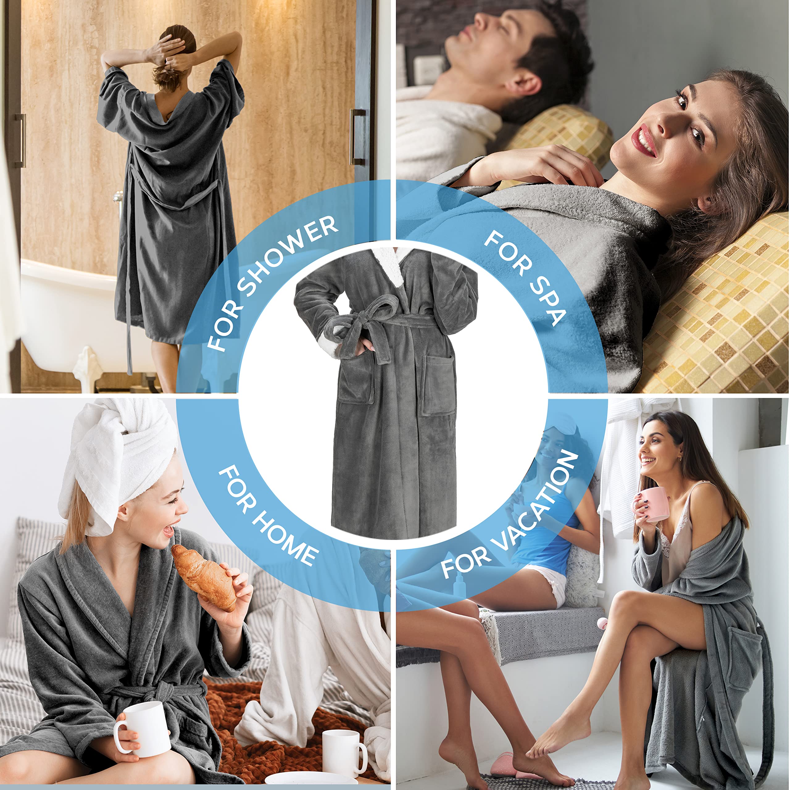 MONHOUSE Womens Dressing Gown - Premium Super Soft & Cosy Long Bathrobe - Ladies Thick Flannel Luxury Housecoat - Warm Fluffy Shearling Sherpa Spa Robe for Her - Dark Grey Sherpa UK 8-10