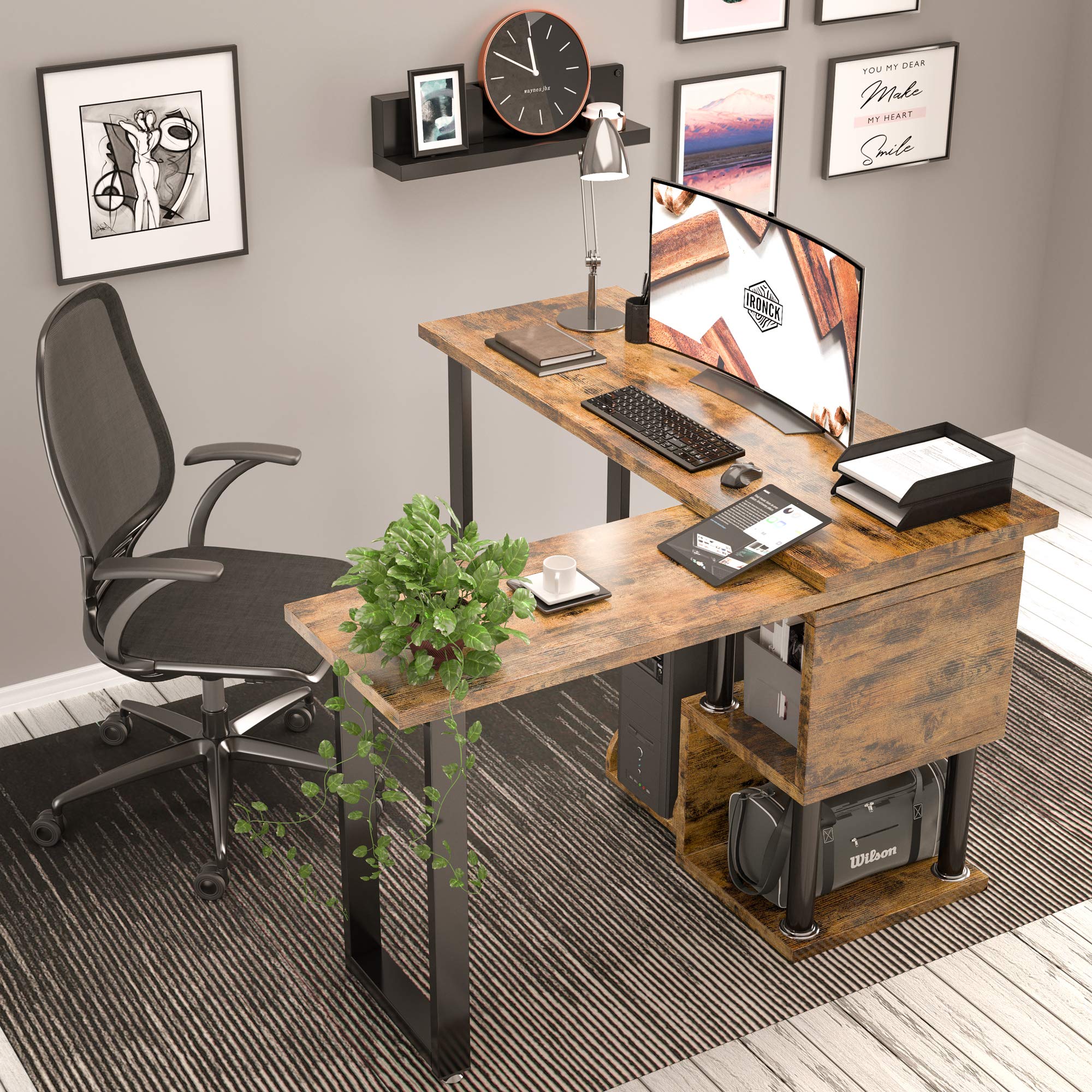 IRONCK Industrial L Shaped Desk Computer, 360 Degree Free Rotated Corner Desk Computer Table