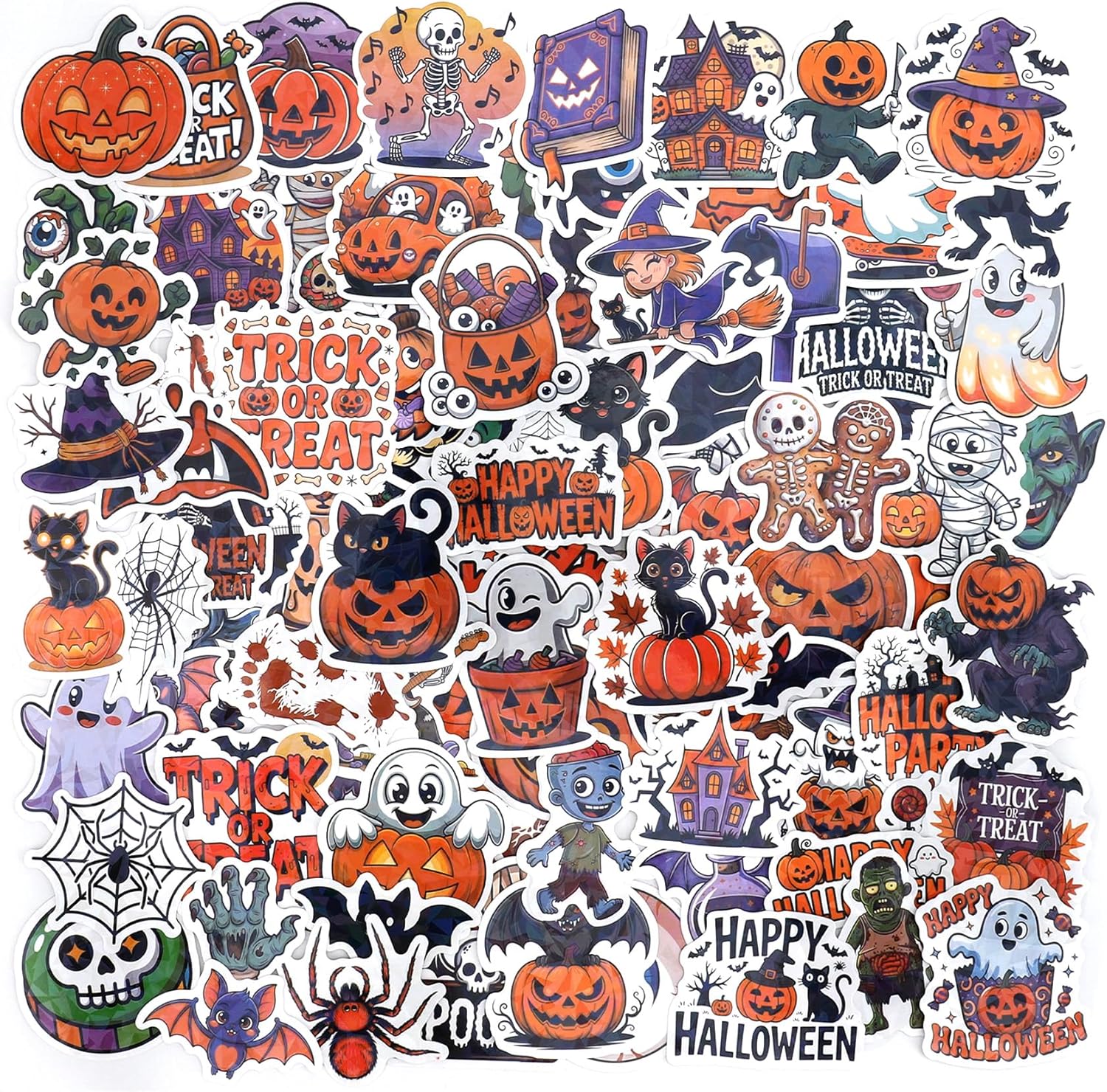 Halloween Stickers, 100 Pcs Halloween Stickers Bulk, Holographic Waterproof Non-Repeating Pumpkin Ghost Witch Sticker for Halloweens Crafts Gifts Halloweens Party Decorations Favors