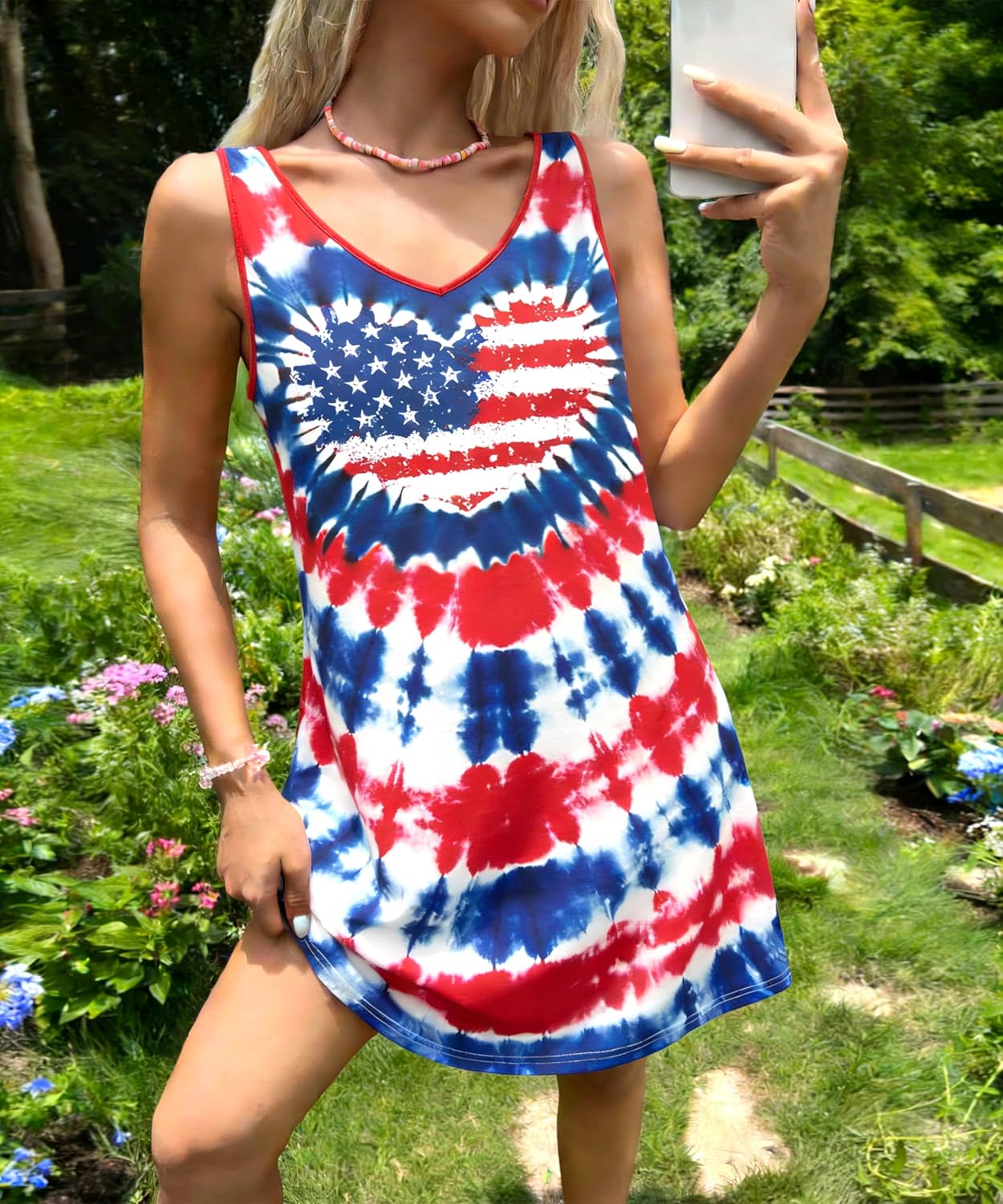 DUTUT Women 4th of July Dresses Patriotic American Flag Sleeveless Dress Stars Stripes V Neck Tank Sundress - Image 2