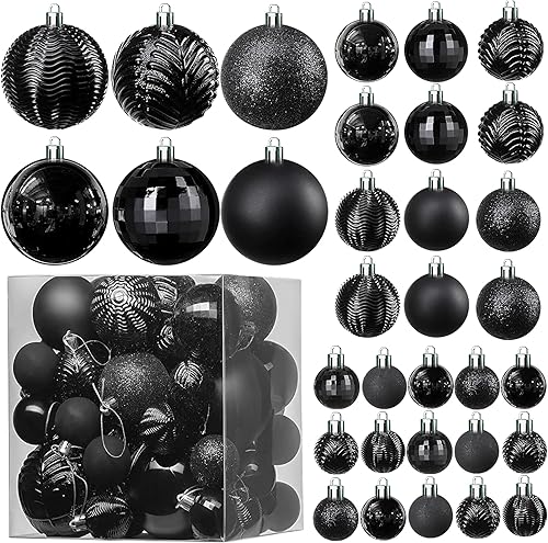 PREXTEX - Juego de 36 bolas navideñas negras inastillables con presillas para colgar para decoraciones de árboles de Navidad, bolas navideñas