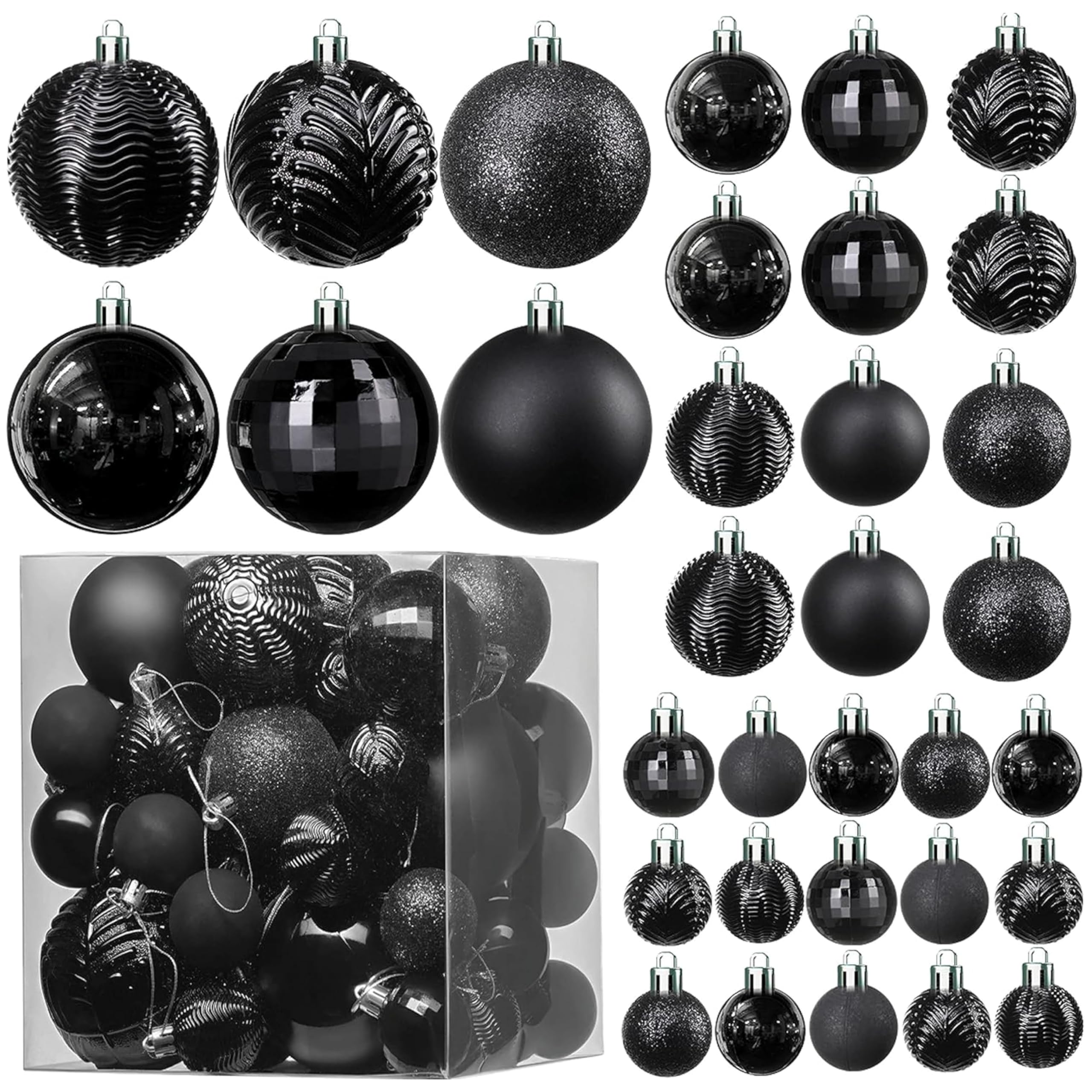 Prextex Christmas Ball Ornaments for Christmas Decorations (Black) - 36 pcs Xmas Tree Shatterproof Black Christmas Ornaments w/Hanging Loop for Holiday, Wreath & Party Decorations (6 Styles, 3 Sizes)