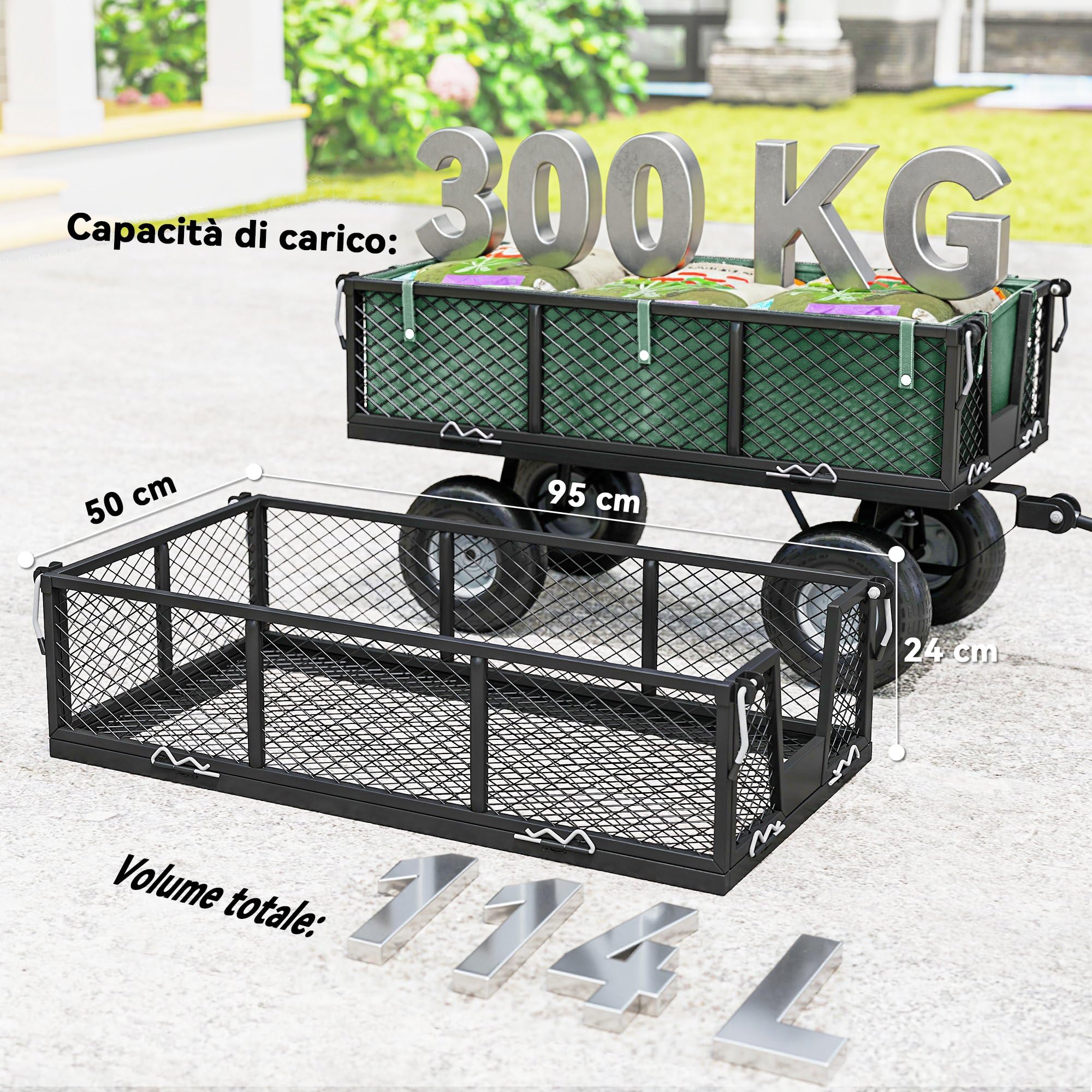 Outsunny Carrello da Giardino da 114L con 4 Ruote Grandi Capacità 200 kg, Carrello Spiaggia in Acciaio con Sacca Portaoggetti, Pareti Laterali Rimovibile e Maniglia Girevole, 105x51x54 cm, Verde