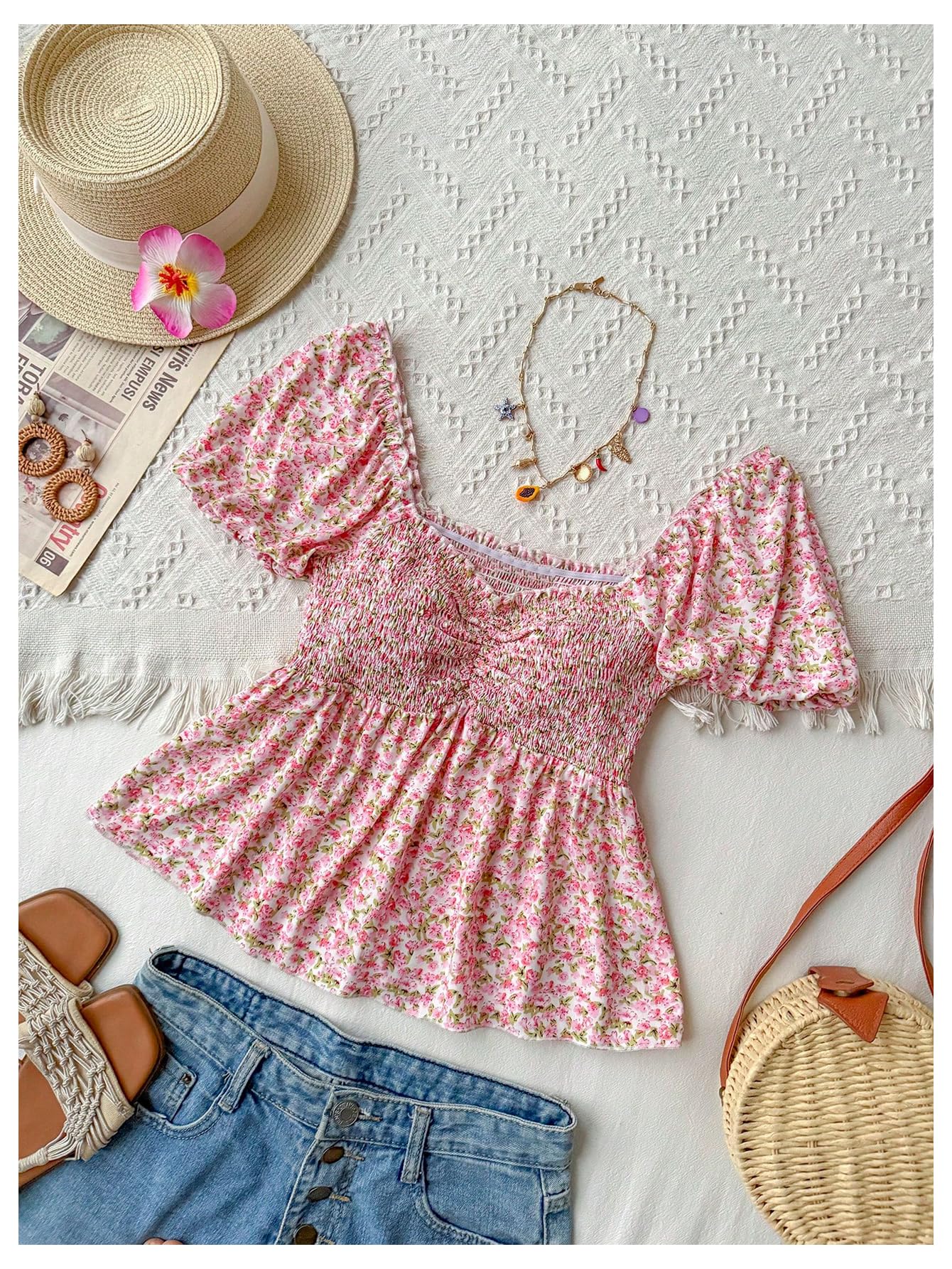 SHENHE Women's Summer Floral Puff Sleeve Peplum Blouse Smocked Sweetheart Neck Ruffle Boho Top