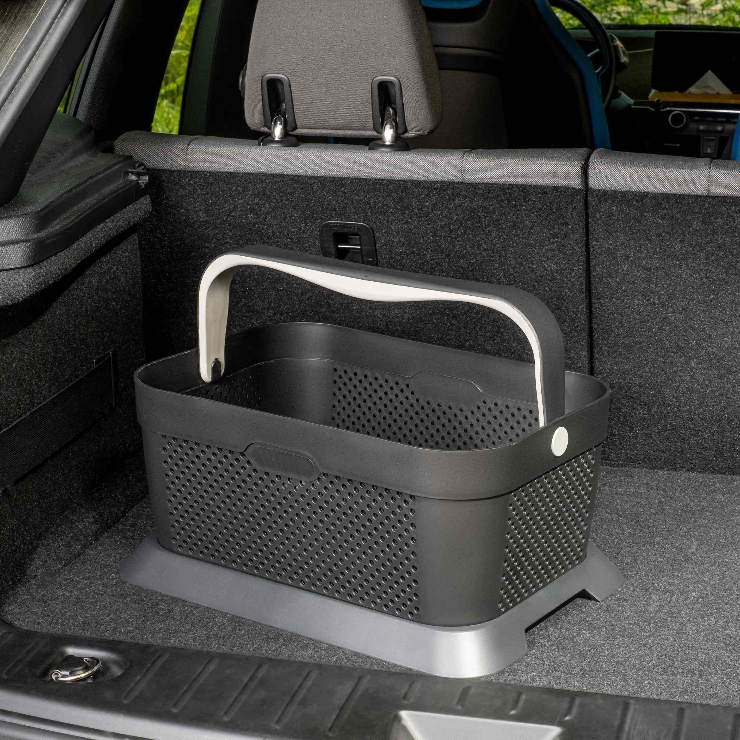 rati Basket - Grau, Smarter Auto Korb zum Einkauf & Outdoor-Aktivitäten, mit Befestigungsadapter zum Kofferraum, rutschfest und Stabil während der Fahrt I Schwarz, aus 94% Recycling Material