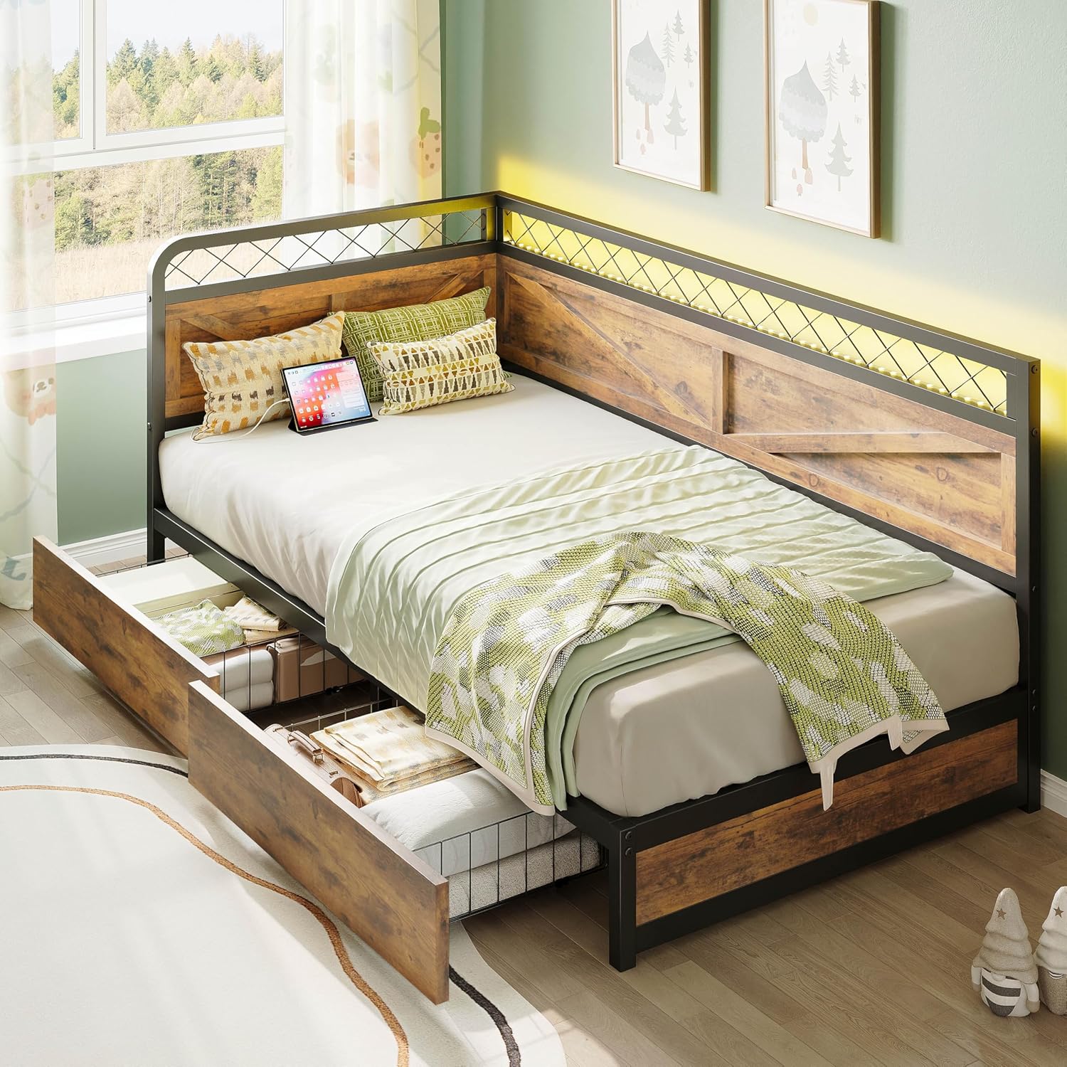 ANCTOR Twin Daybed with Storage Drawers, Corner Bed Frame with LED Lights and Charging Station for Living Room, Bedroom and Guest Room, Industrial Brown Twin Industrial Brown