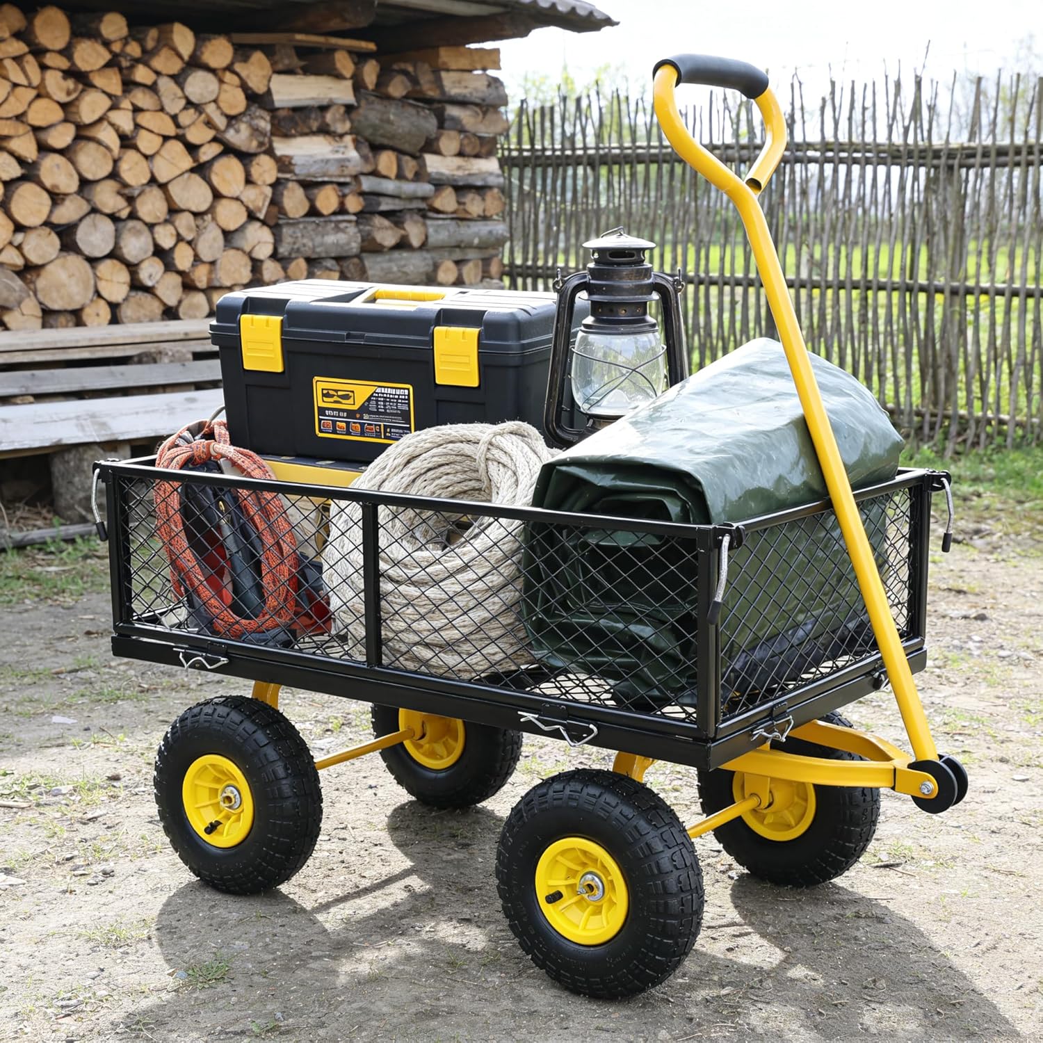 Folding Garden Dump Truck Cart - Utility Heavy Duty Wagon with 180° Rotating Handle and Removable Sides, 10-Inch Pneumatic Tires, 550 lbs Capacity, Gorilla Cart for Yard and Garden, Yellow