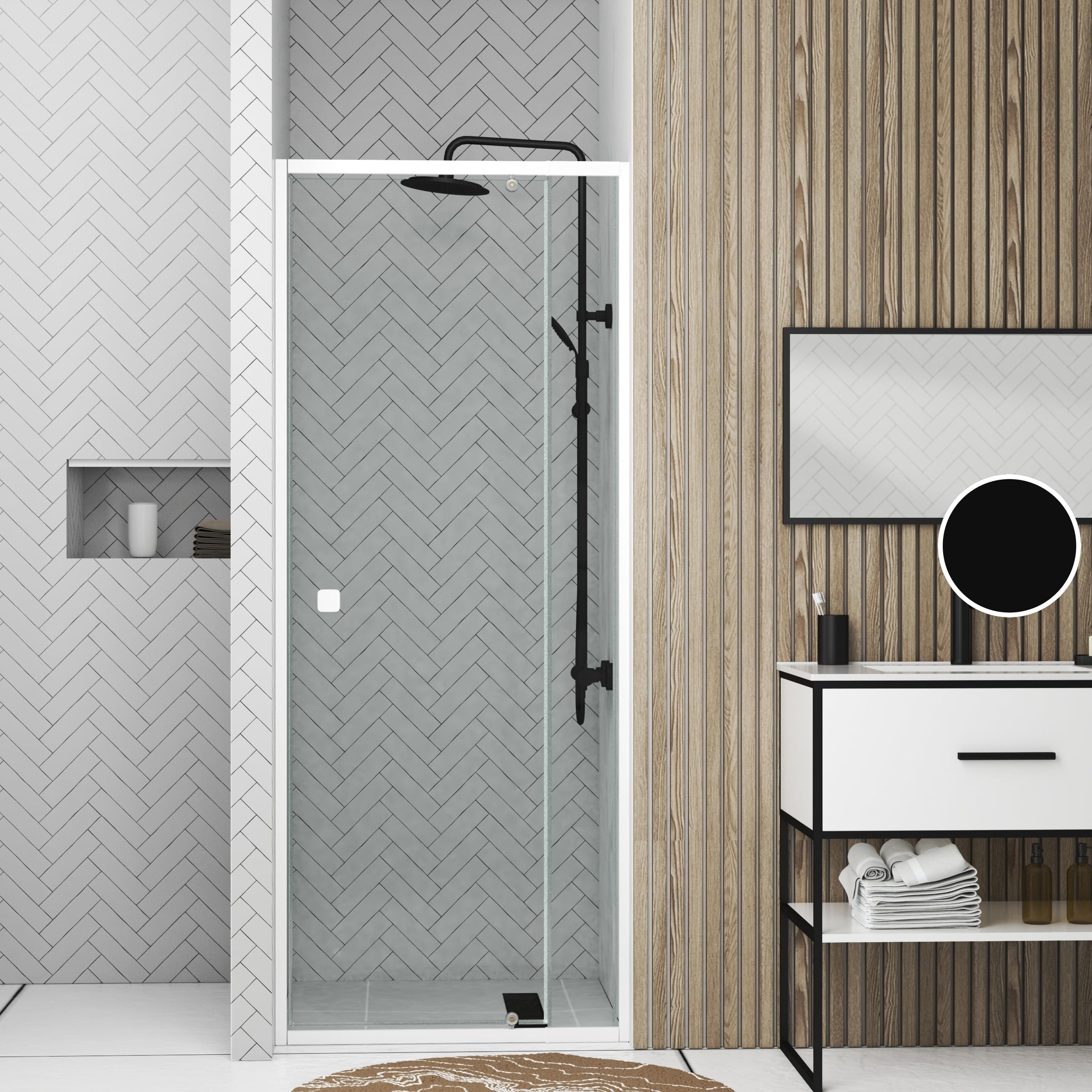 Porte de douche pivotante ajustable de 69 à 80cm en Alu. Blanc et verre transparent - WHITY PIVOT