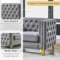 Vista 3 de Juego de 2 sofás de terciopelo gris de 81 pulgadas de 3 plazas, botones copetudos y brazo cuadrado, cabezas de uñas doradas con incrustaciones y 4