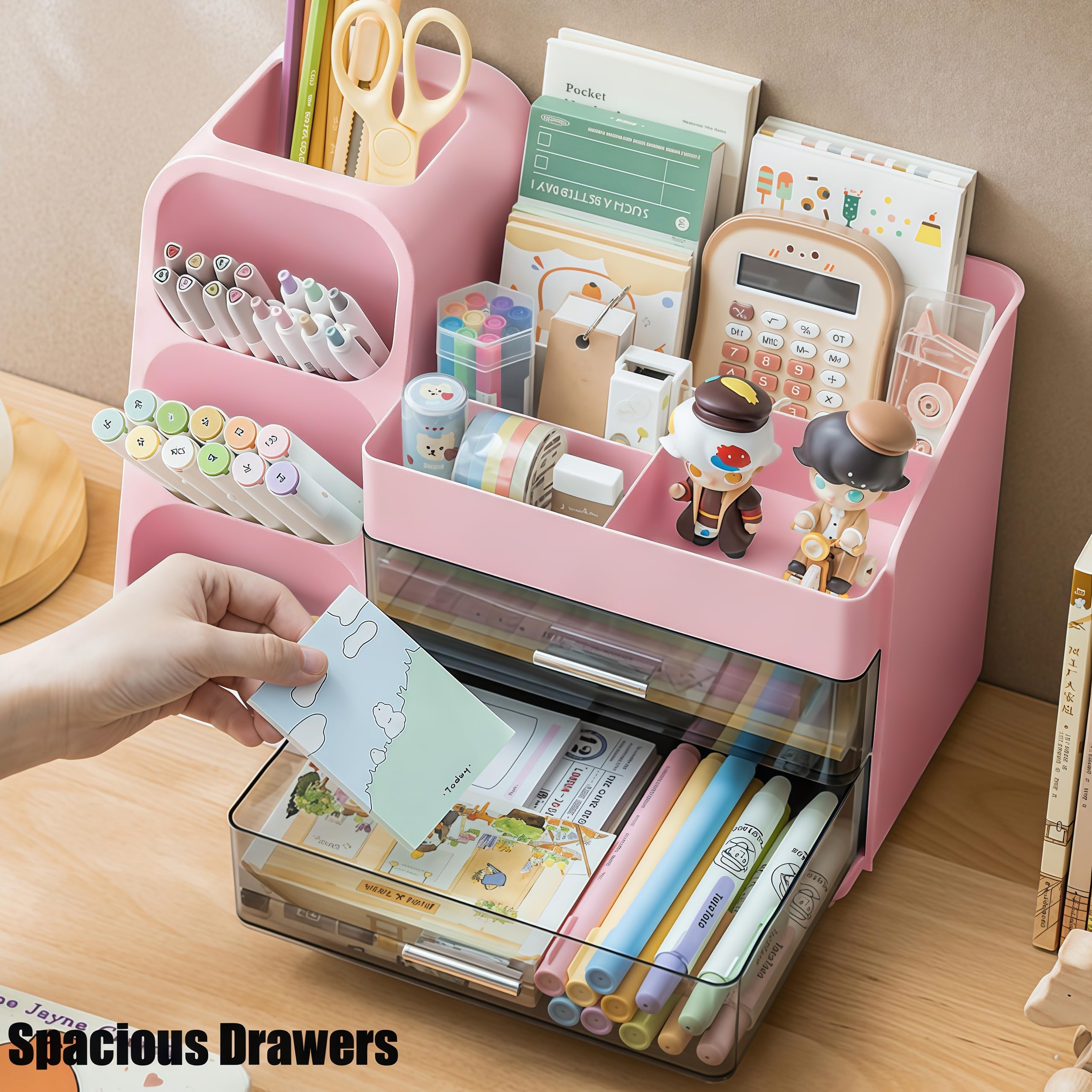 Organizer da scrivania con portapenne, portapenne con 2 cassetti e 4 scomparti, organizer da scrivania e portaoggetti per ufficio, casa, scuola, forniture artistiche (rosa)