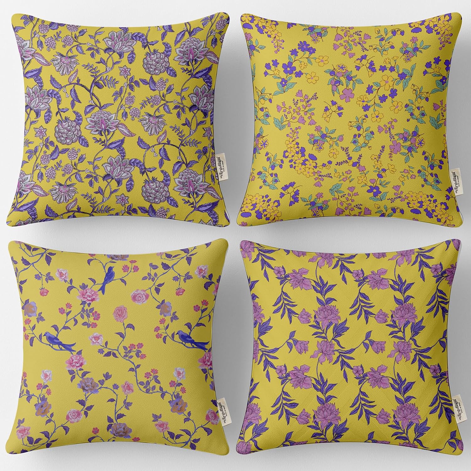 Cotton Cushion Covers Set of 4-16x16 Inch, Floral Print, Double-Sided Printed Throw Pillow Covers with Hidden Zipper - No Filler - Yellow