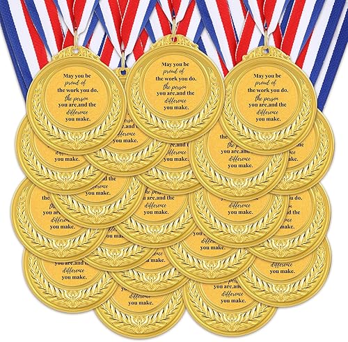 Ecally Juego de 48 regalos de agradecimiento para empleados, medalla de premio de oro de metal con cinta para el cuello, calcomanías inspiradoras de