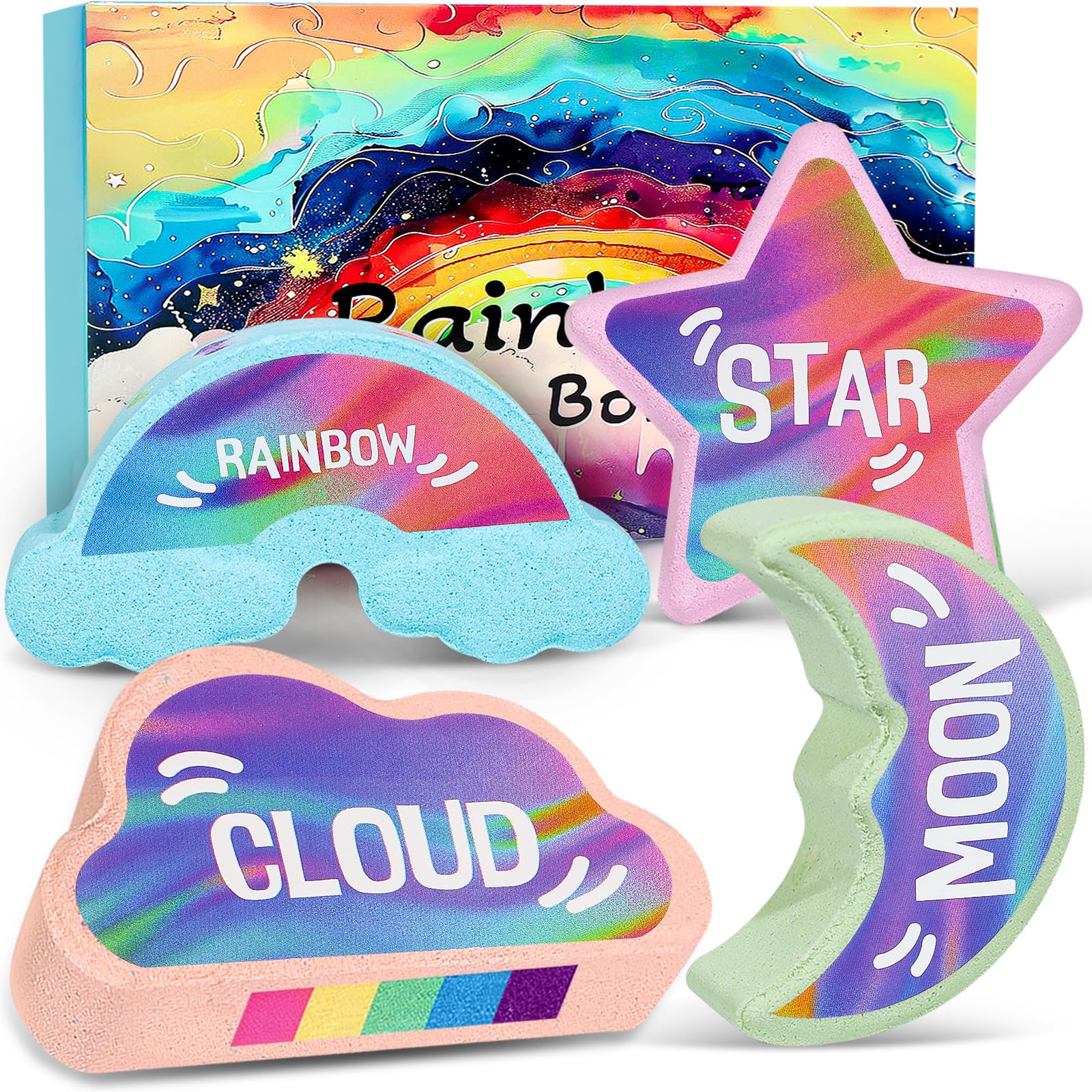 Rainbow Bath Bombs for Kids - 4 Pcs Handmade Natural Kid Bath Bombs, Stocking Stuffers for Kids, Christmas Gifts for Girls, Organic Bubble Bath