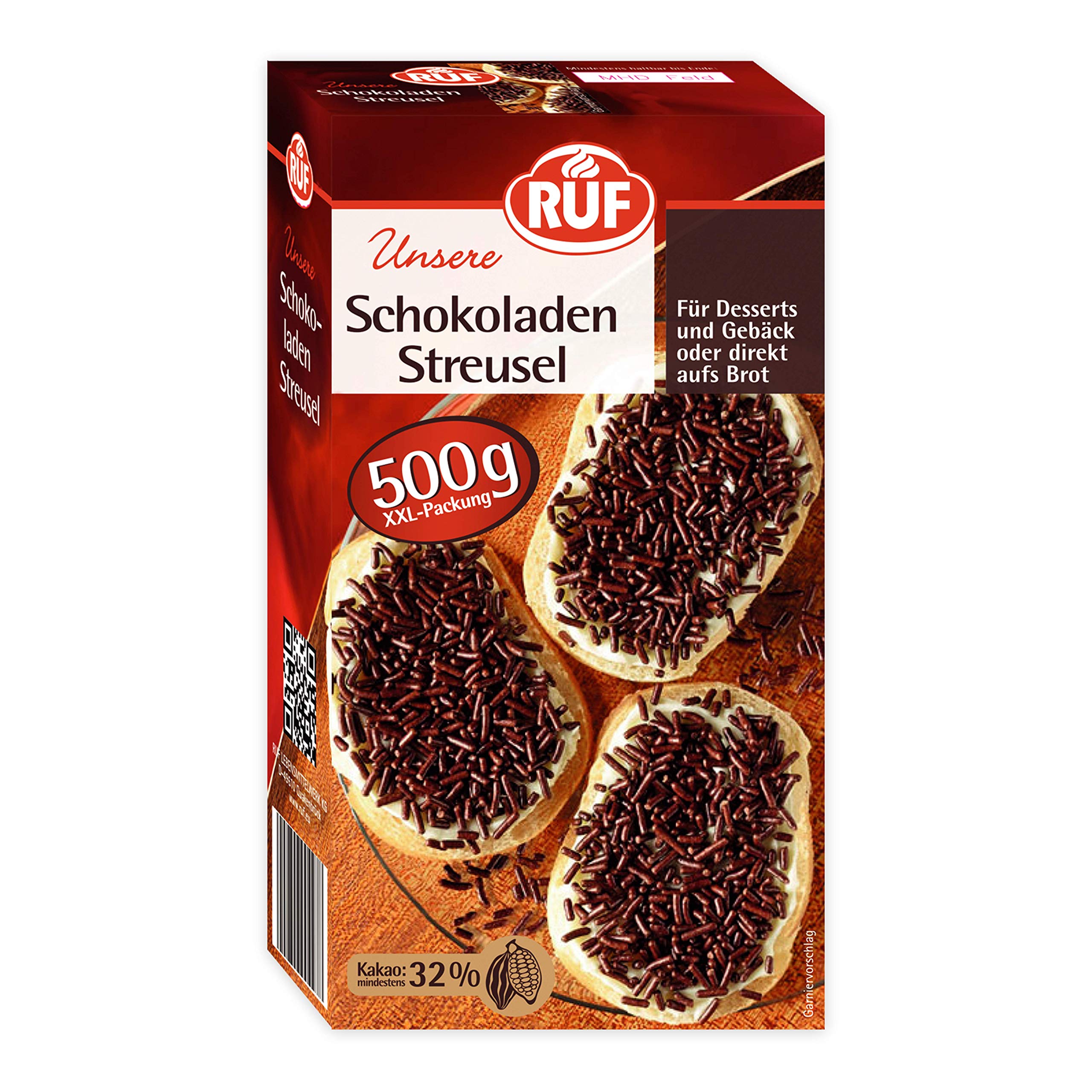 RUF Schokoladen-Streusel XXL, 500 g Schoko-Streusel auf Brot, für bunte Plätzchen, Kuchen, Muffins, Pudding und Eis, glutenfrei und vegan