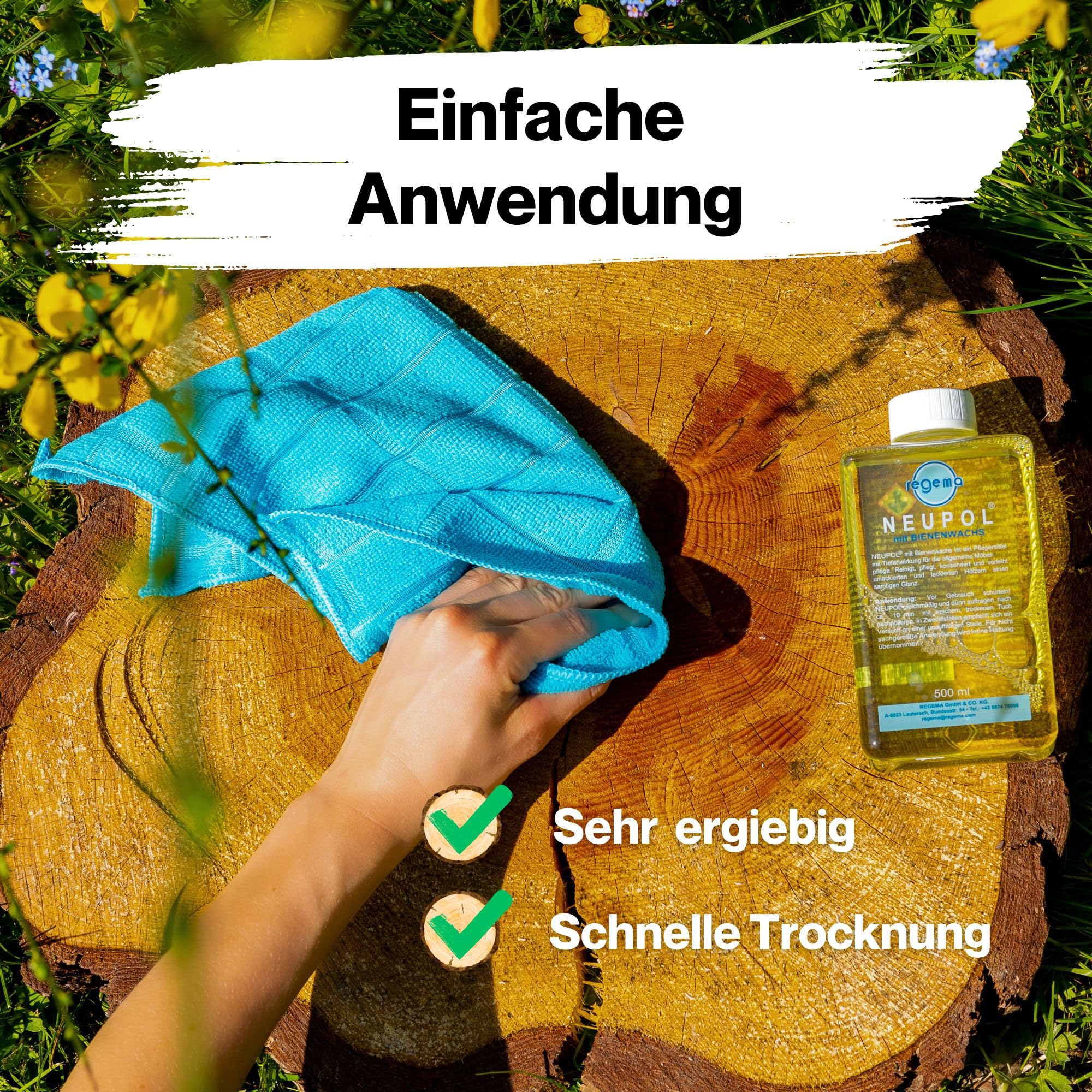 TIMBERINO Pflegeset Neupol Bienenwachs Holzöl [500ml] Pflegeöl für Holzmöbel Innen Parkett Öl Echtholz Furnier [Holzöl+Öltuch+Pinsel+Handschuh] Möbelpolitur Holz