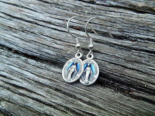 Miniatura 3 de Pendientes de medalla milagrosa, medalla milagrosa latina de media pulgada, aretes de Nuestra Señora de Gracia, aretes de gancho de plata esterlina,