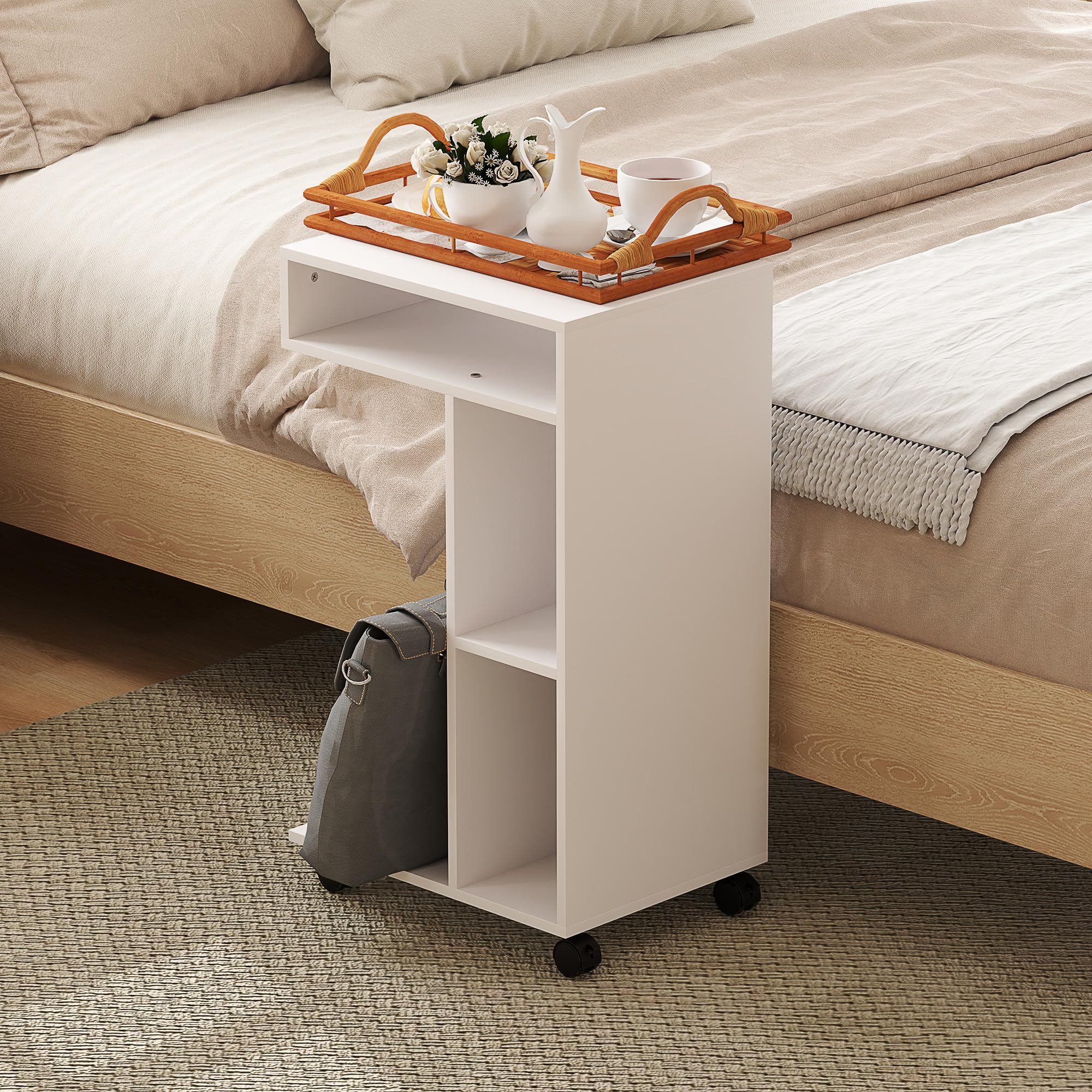 HOMCOM Tavolino da Soggiorno con Rotelle per Divano 40x30x69 cm Bianco