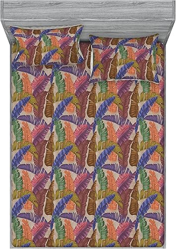 Miniatura 44 de Ambesonne Geometric Fitted Sheet & Pillow Sham Set, Minimalist Vibe Retro Pattern of Waves and Circles Scandinavian, Decorative Printed 3 Piece Pale