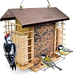 iBorn Bird Feeders for Outdoors,Bird Feeder with Double Suet Holders,Suet Feeder for Outside,Weatherproof Metal Roof,Easy to Refill&Clean,3.2 LBs Seed Capacity+2X Cake,1 Pack,Coffee Roof & Yellow Grid