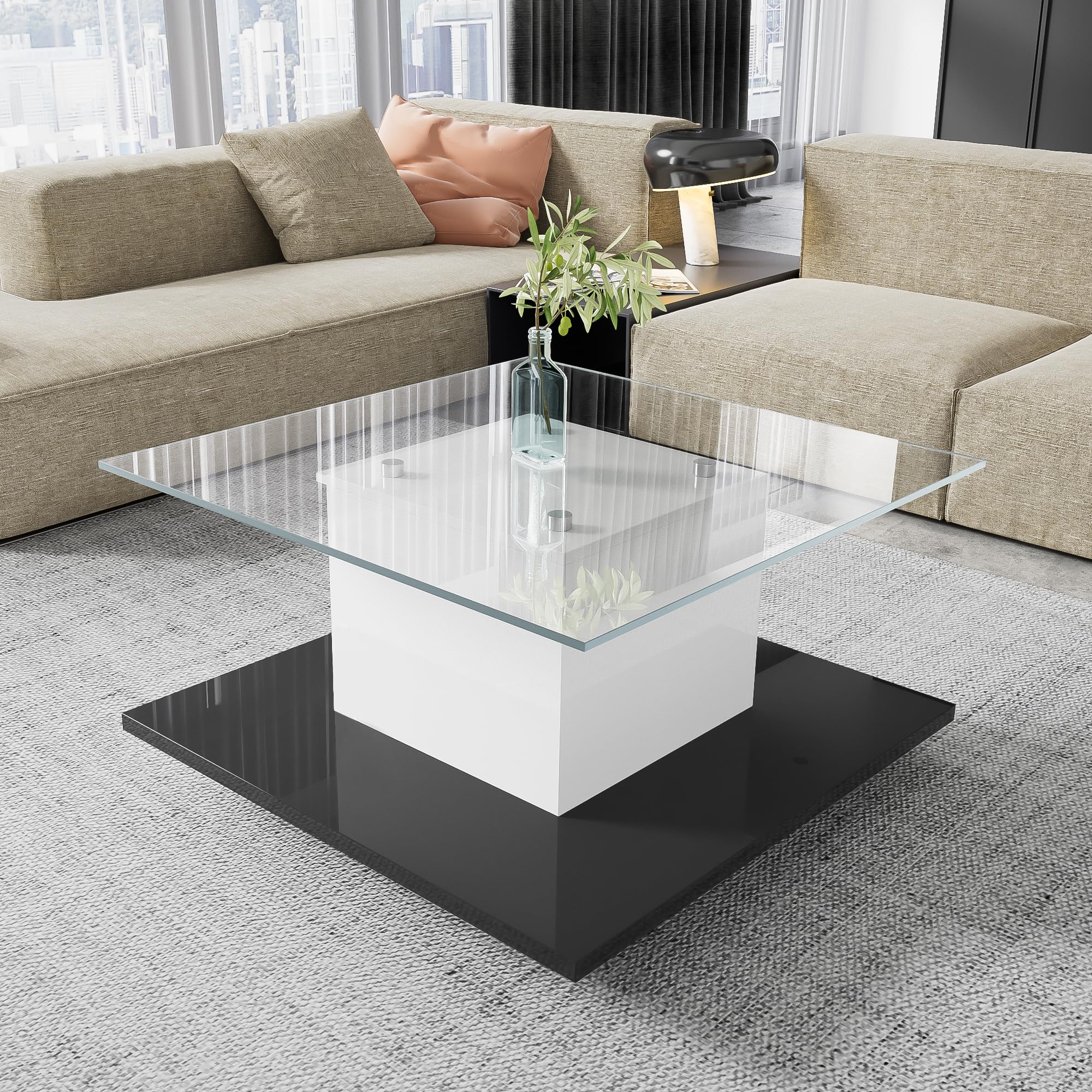 Couchtisch Hochglanz Glas Wohnzimmertisch Modern mit Rollen Beweglicher Kaffeetisch Beistelltisch für Wohnzimmer Lounge Design Teetisch Sofatisch Pflegeleicht Rechteckig Großer Tisch Grau