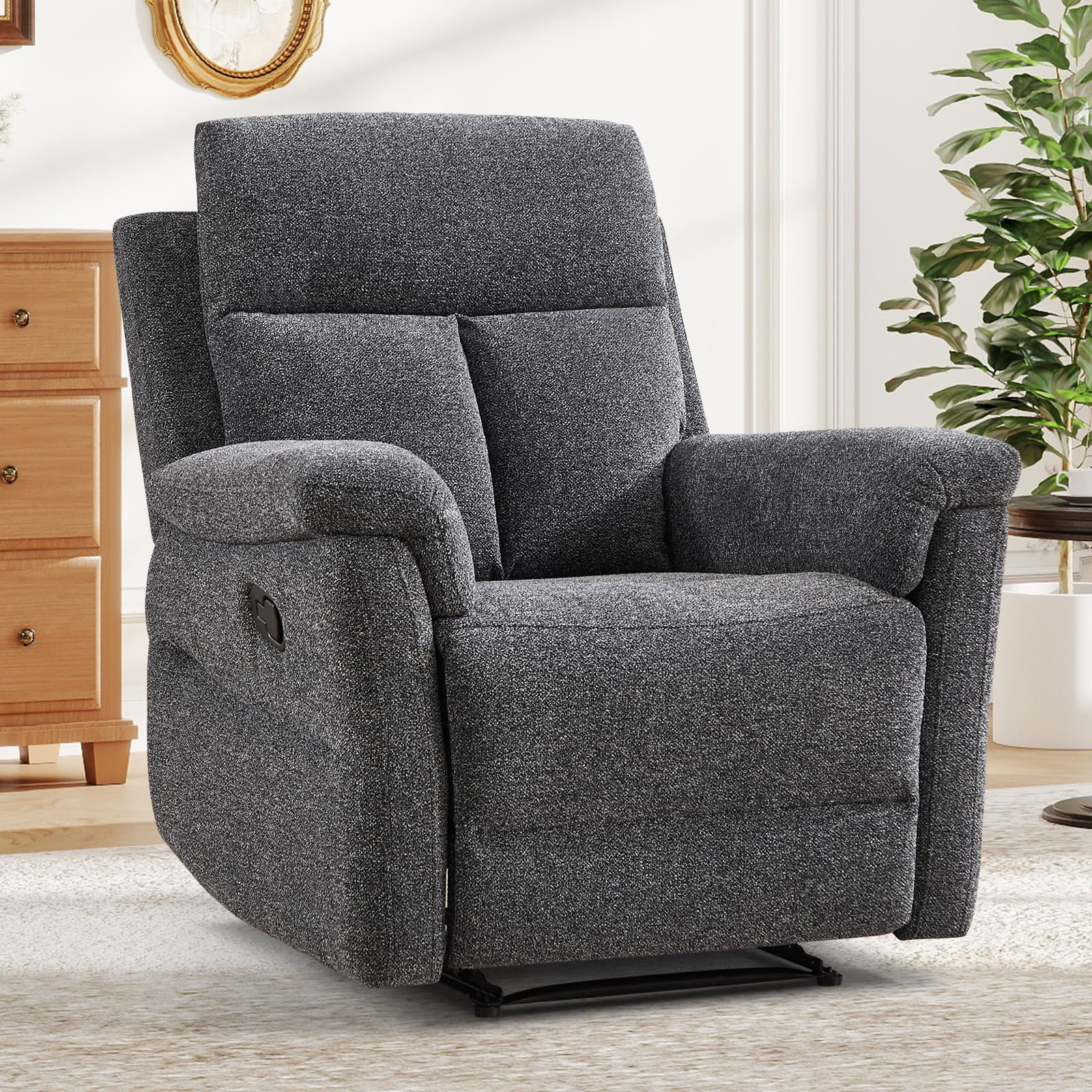 ANJ Manual Recliner Chair for Adults, Overstuffed Single Reclining Chair with Padded Armrests and Supportive Backrest, Fabric Recliner Sofa for Living Room, Bedroom, Dark Grey