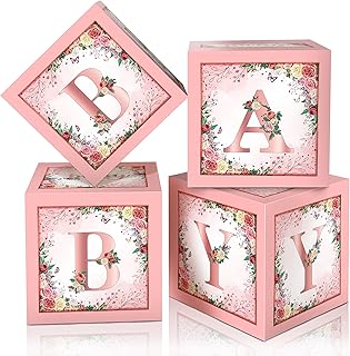 Floral Baby Shower Box Birthday Party Decoration Pink Balloon Blocks First Birthday Centerpiece Decor for Girls Rose Gold Gender Reveal Party Suppliesâ€¦