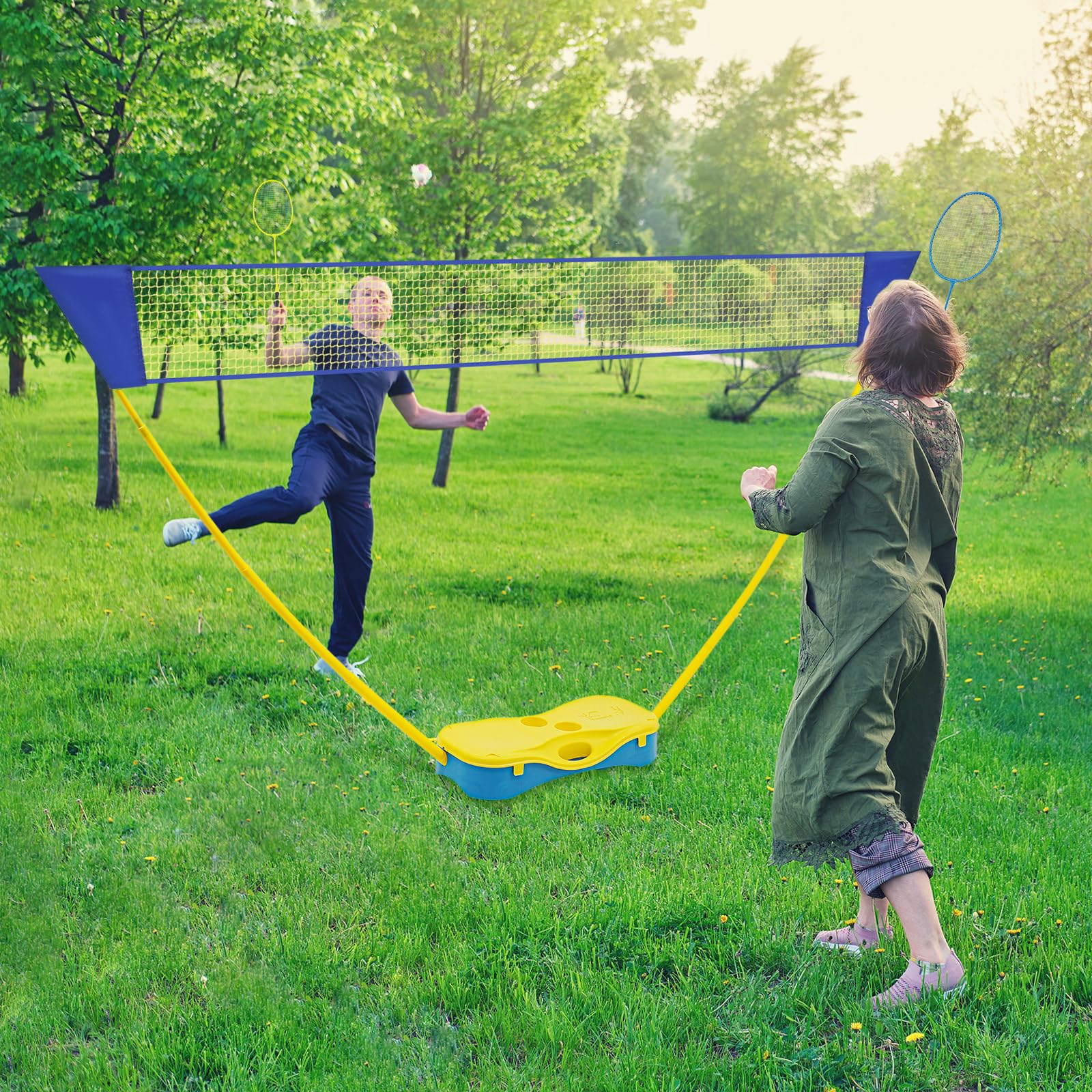 Kit de badminton portable avec filet de 3 m, filet de badminton autonome avec support, 2 raquettes et 2 balles, hauteur réglable 155 cm, mobile pour jardin, plage, extérieur et intérieur