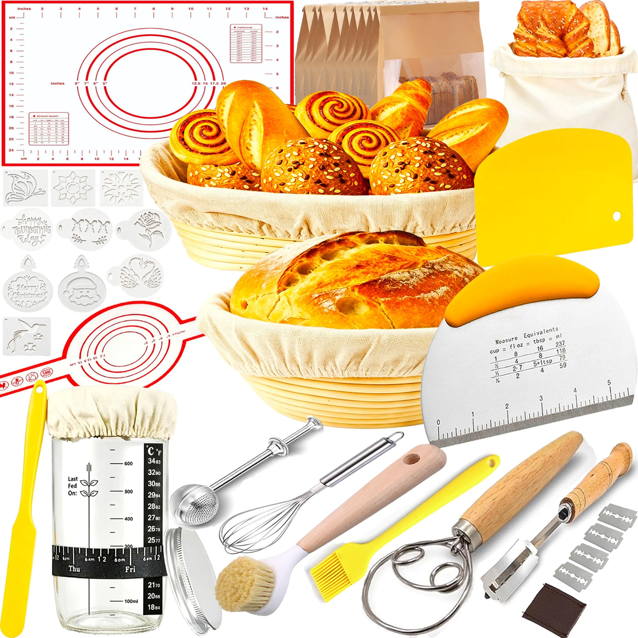 Gärkörbchen von Sauerteig Starter Set, 2 Gärkorb – Gärkörbchen Rund 23cm, Oval 25cm, Sauerteig Starter Glas, Brot Backen Zubehör, Brotbackzubehör, Geschenk für Anfänger, Erfahrener Bäcker