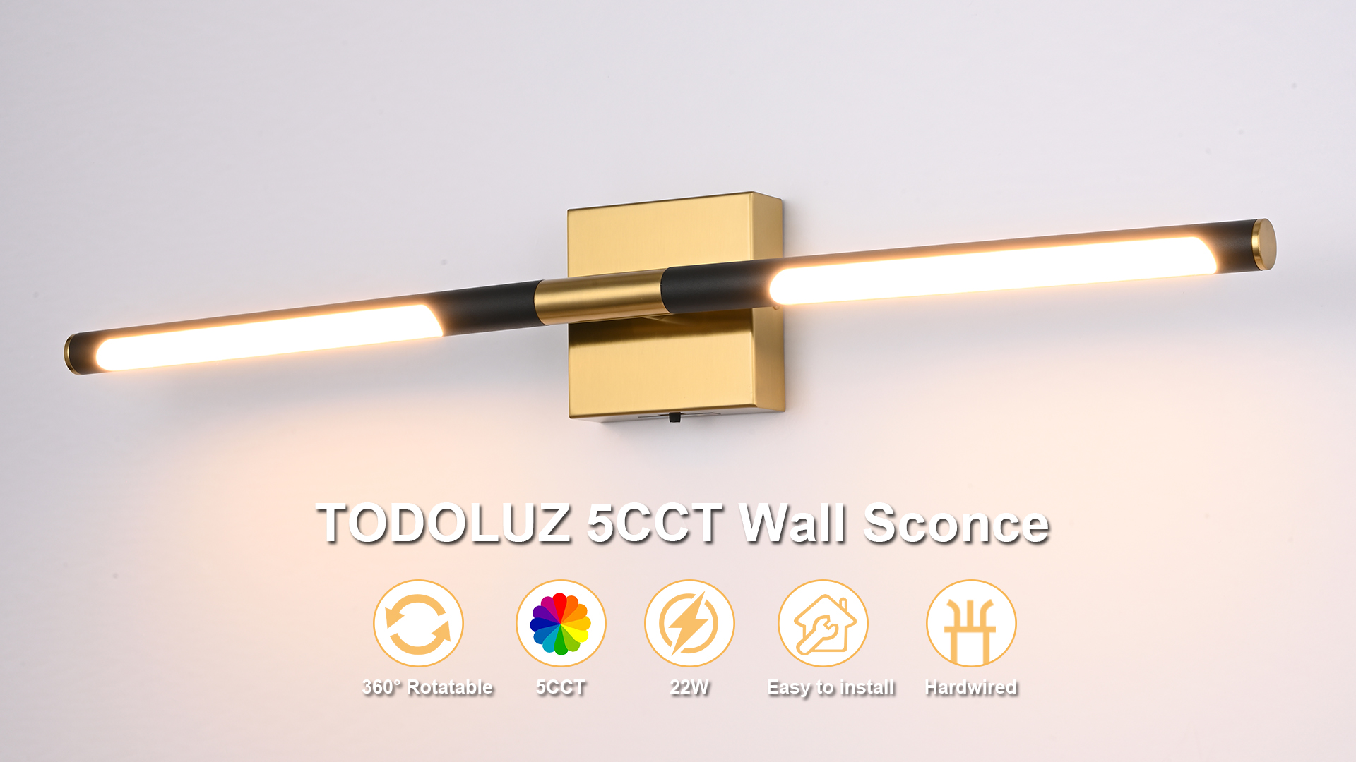 Image of TODOLUZ 36-Inch 5CCT 20W LED Bathroom Vanity Light Fixture, 2700K-5500K Wall Sconce Lighting with Rotatable Lamp Tube, Black & Brushed Brass