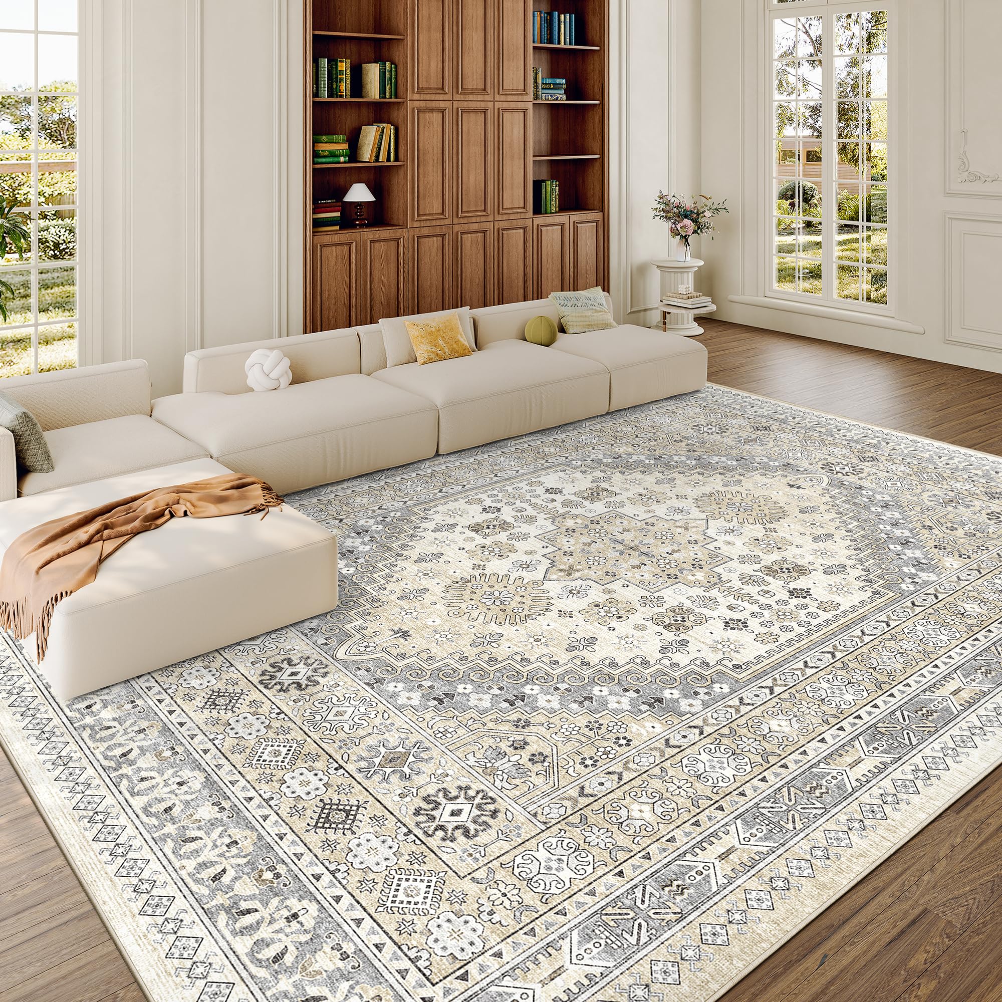 zesthome 9x12 feet Area Rugs,Stain Resistant Washable Rug,Ultra-Thin Rugs for Living Room,Bedroom,Non-Slip Backing Home Decor Large Area Rug (Beige,9'x12')